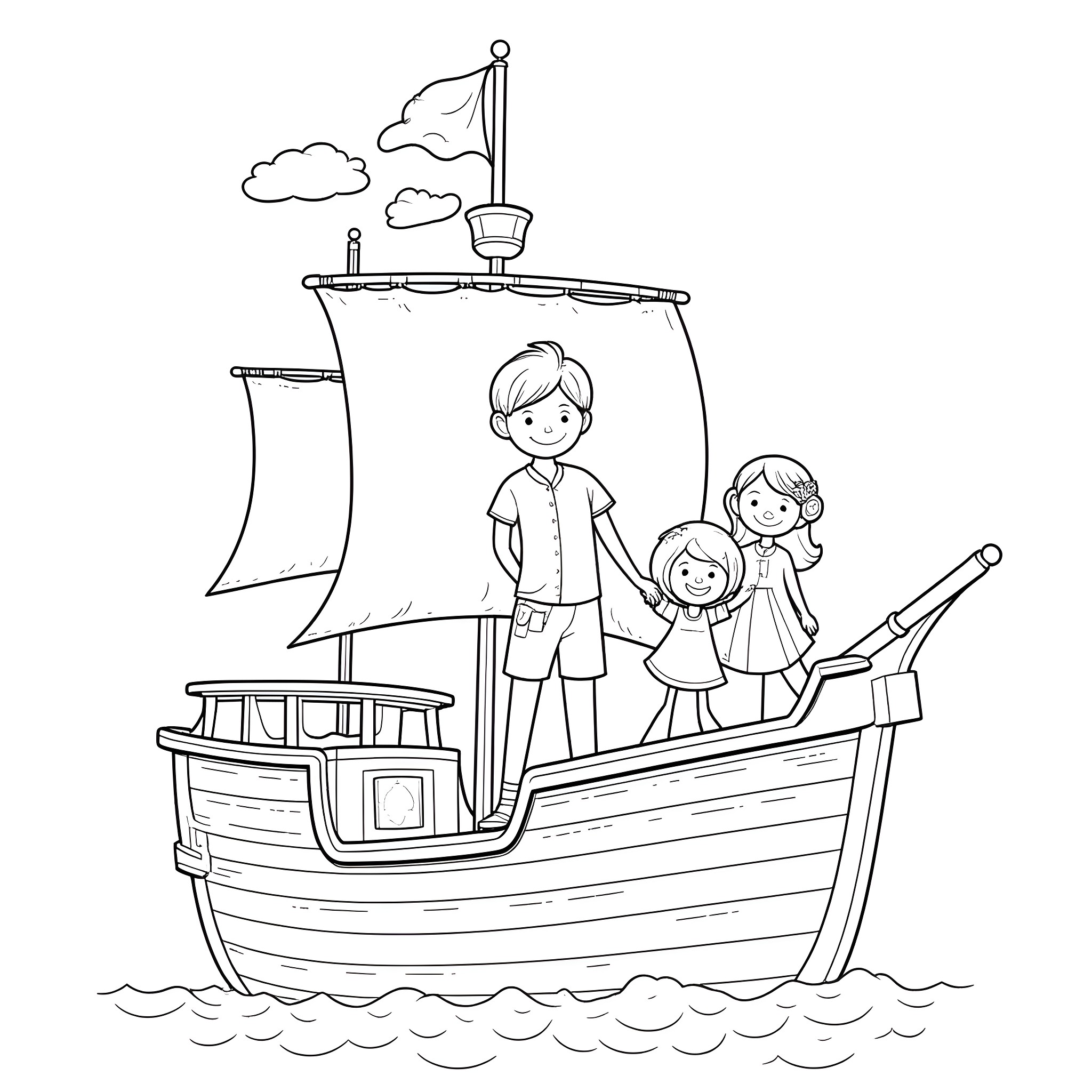 Boy and his family sailing on a ship Coloring Page (free black-and-white line drawing printable PDF for all, from beginners to advanced learners, including children, teens, adults, and seniors)