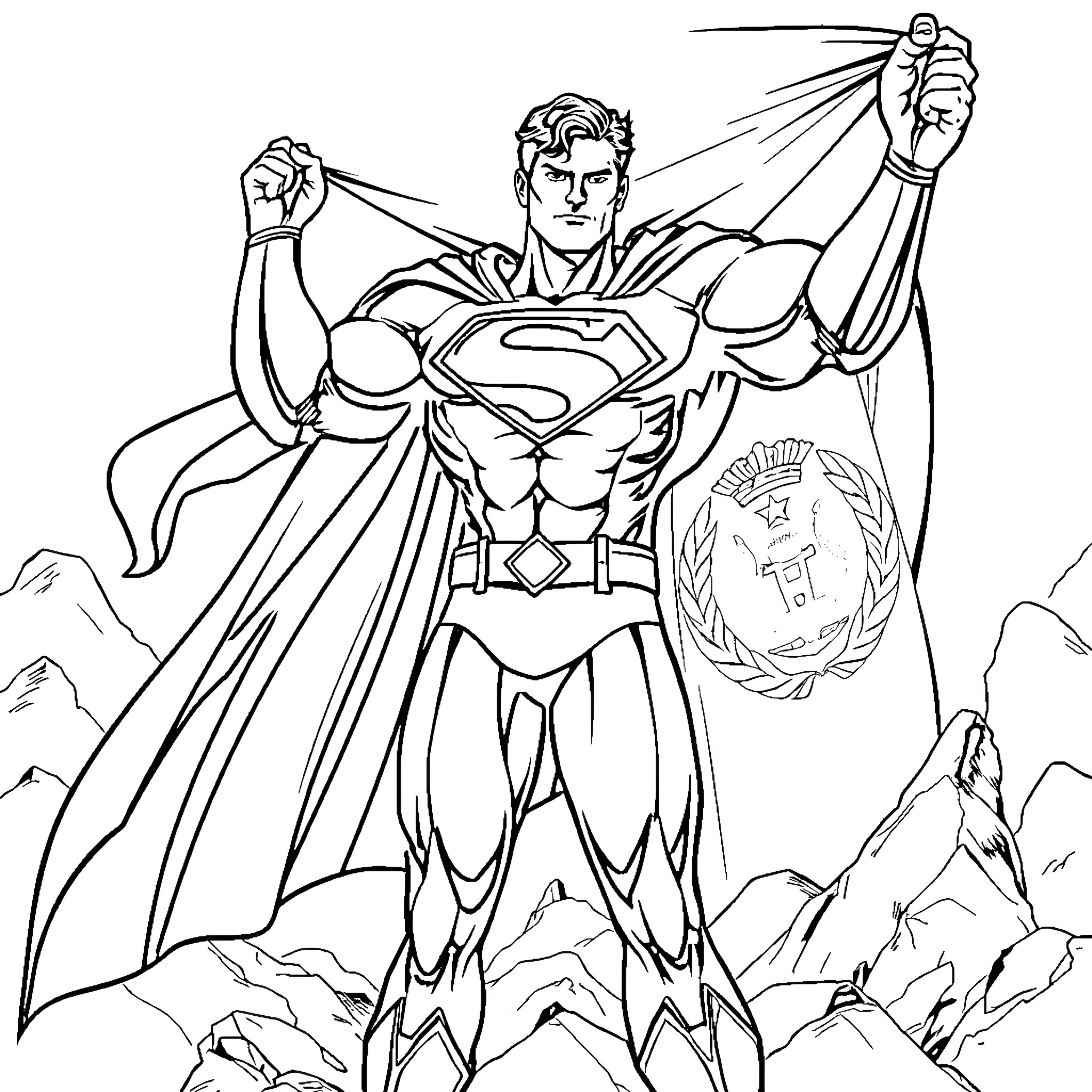 Superman Heroically Defending the Earth Coloring Page (free black-and-white line drawing printable PDF for all, from beginners to advanced learners, including children, teens, adults, and seniors)
