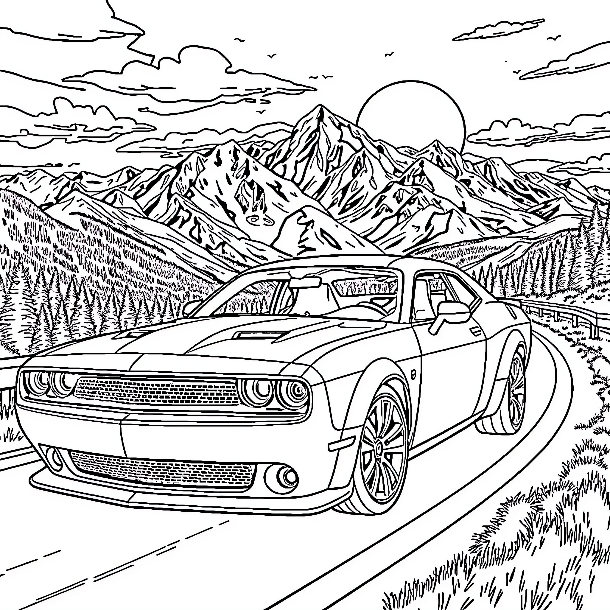 Muscle Car cruising through mountainous landscape Coloring Page (free black-and-white line drawing printable PDF for all, from beginners to advanced learners, including children, teens, adults, and seniors)
