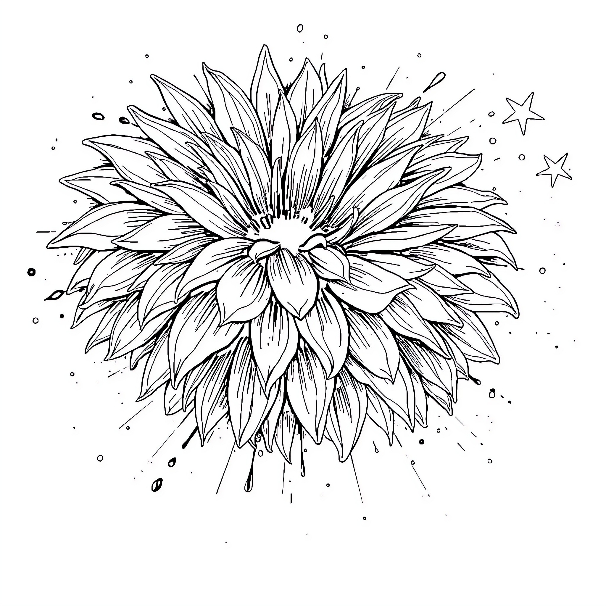 Colorful Floral Explosion with Starry Backdrop Coloring Page (free black-and-white line drawing printable PDF for all, from beginners to advanced learners, including children, teens, adults, and seniors)