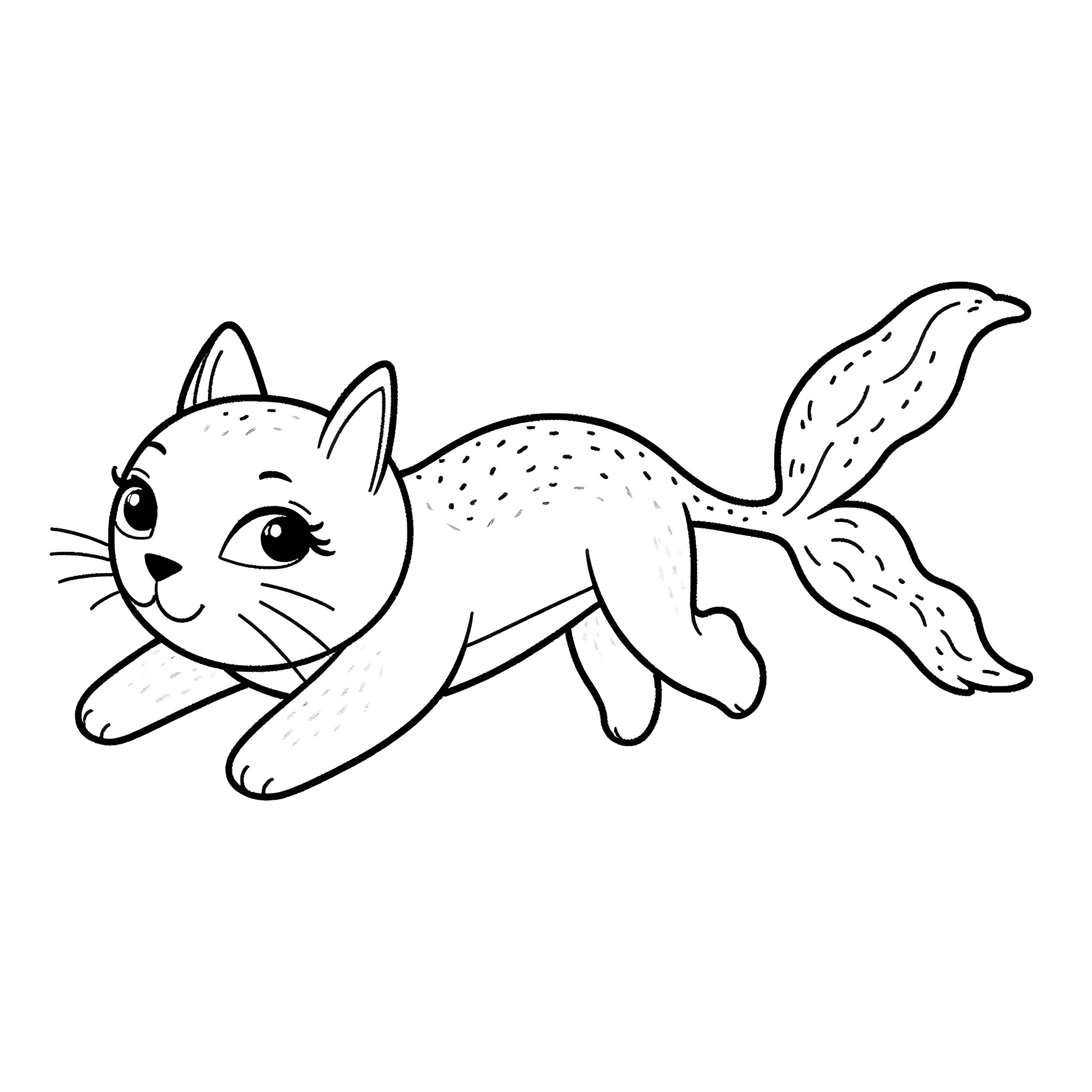 Mermaid Cat Exploring the Underwater World Coloring Page (free black-and-white line drawing printable PDF for all, from beginners to advanced learners, including children, teens, adults, and seniors)