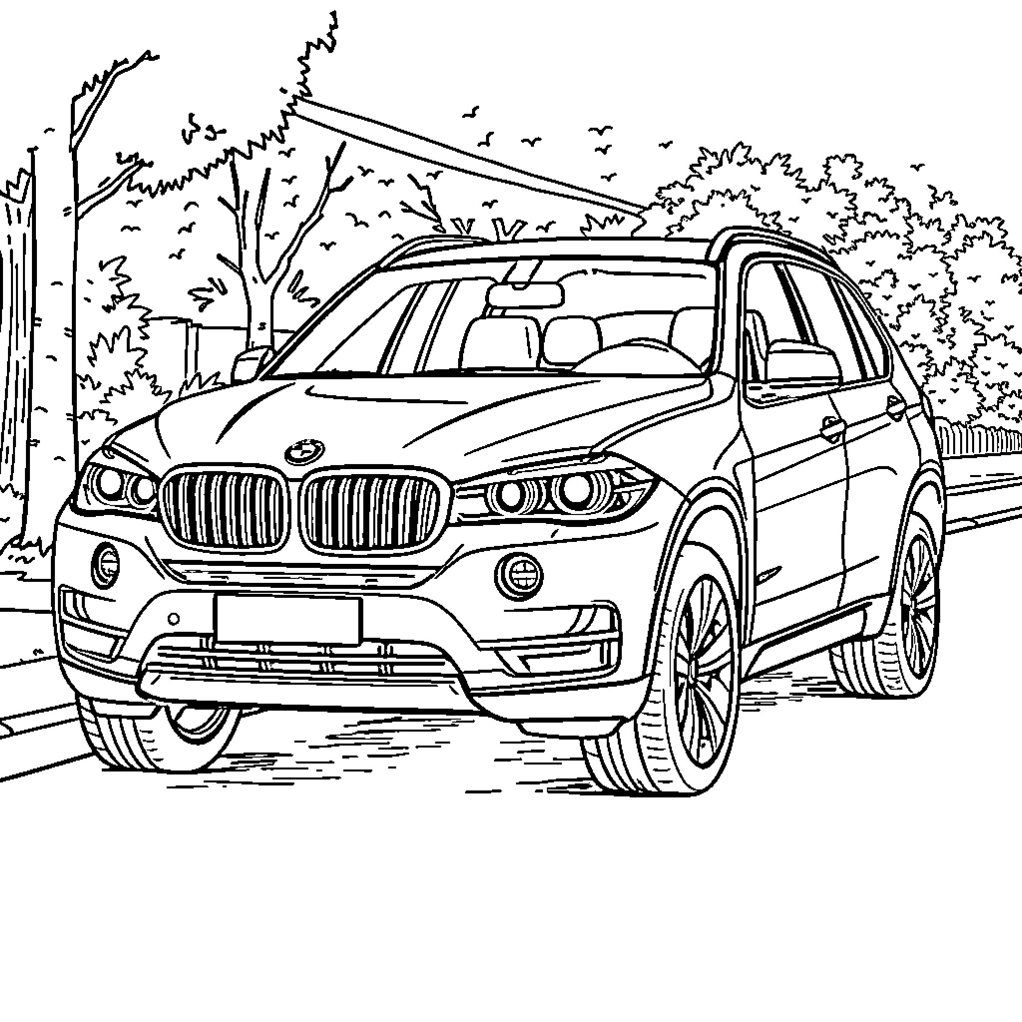 Car parked in forest with trees and birds Coloring Page (free black-and-white line drawing printable PDF for all, from beginners to advanced learners, including children, teens, adults, and seniors)
