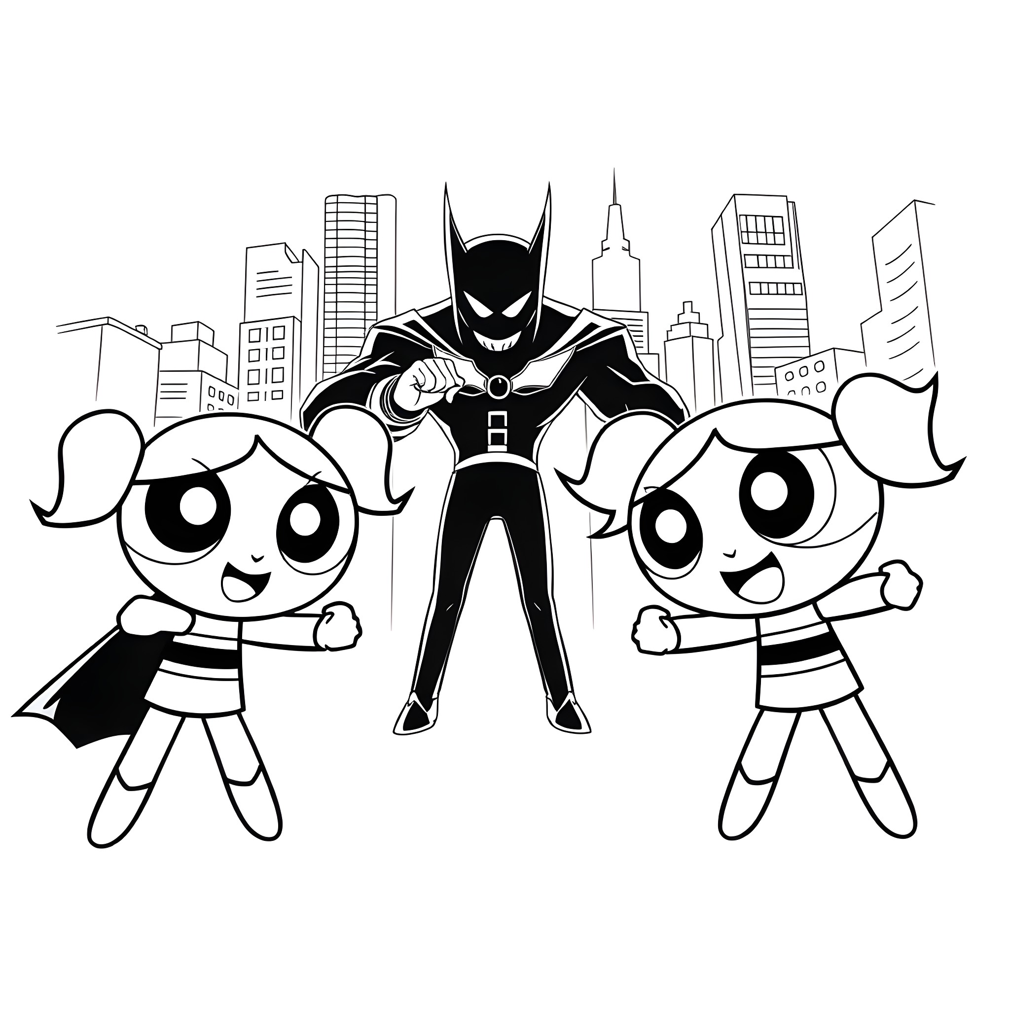 Powerpuff Girls and Batman in the City Coloring Page (free black-and-white line drawing printable PDF for all, from beginners to advanced learners, including children, teens, adults, and seniors)