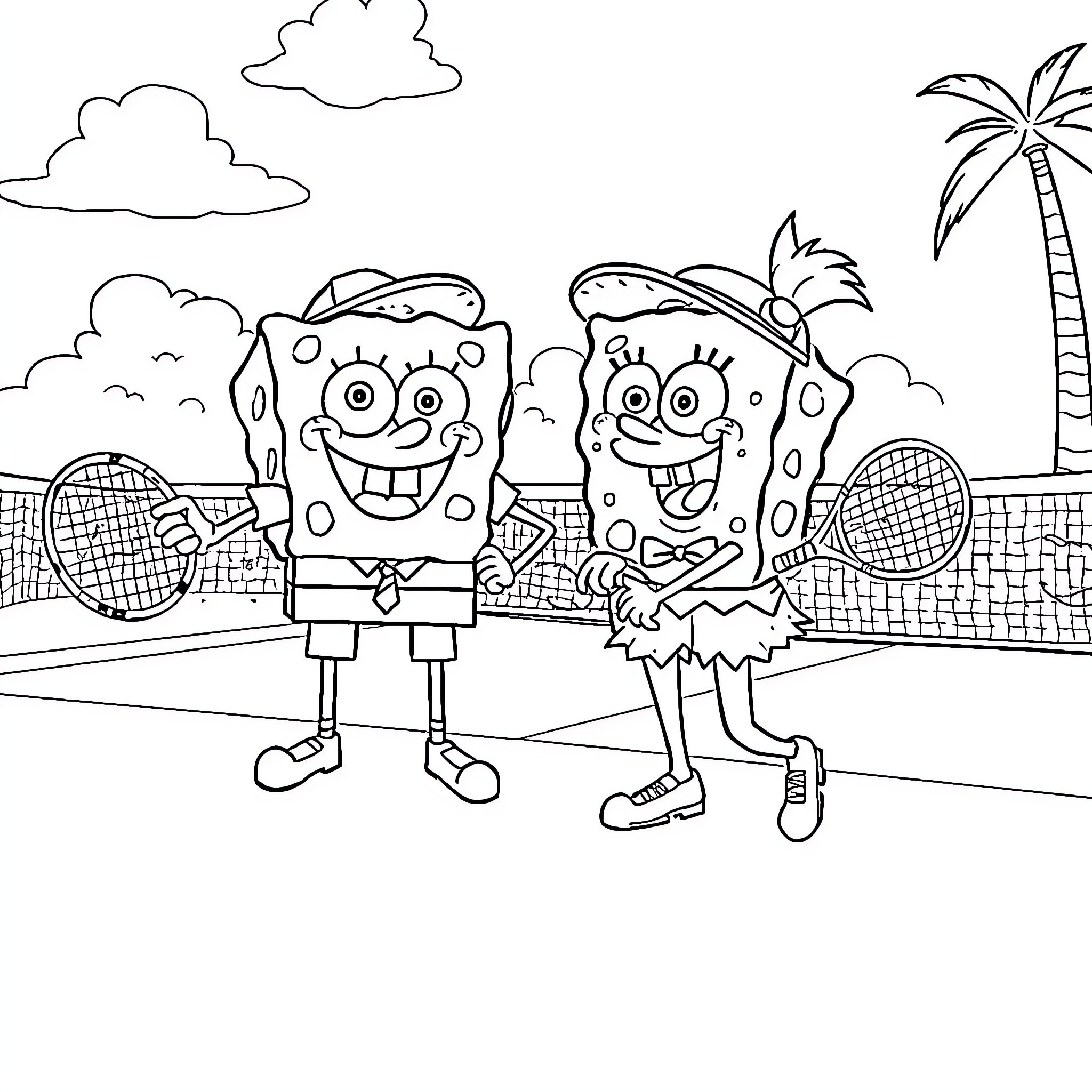 Spongebob and Patrick playing tennis on the beach Coloring Page (free black-and-white line drawing printable PDF for all, from beginners to advanced learners, including children, teens, adults, and seniors)