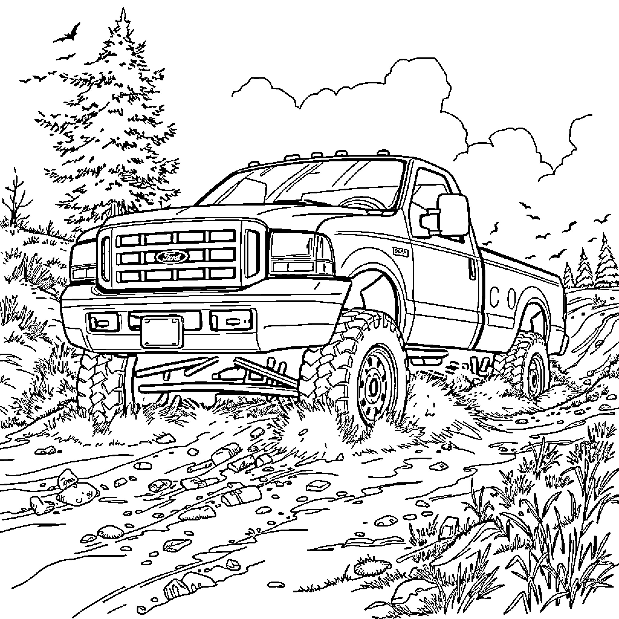 F350 Truck Traversing Rugged Outdoor Terrain Coloring Page (free black-and-white line drawing printable PDF for all, from beginners to advanced learners, including children, teens, adults, and seniors)