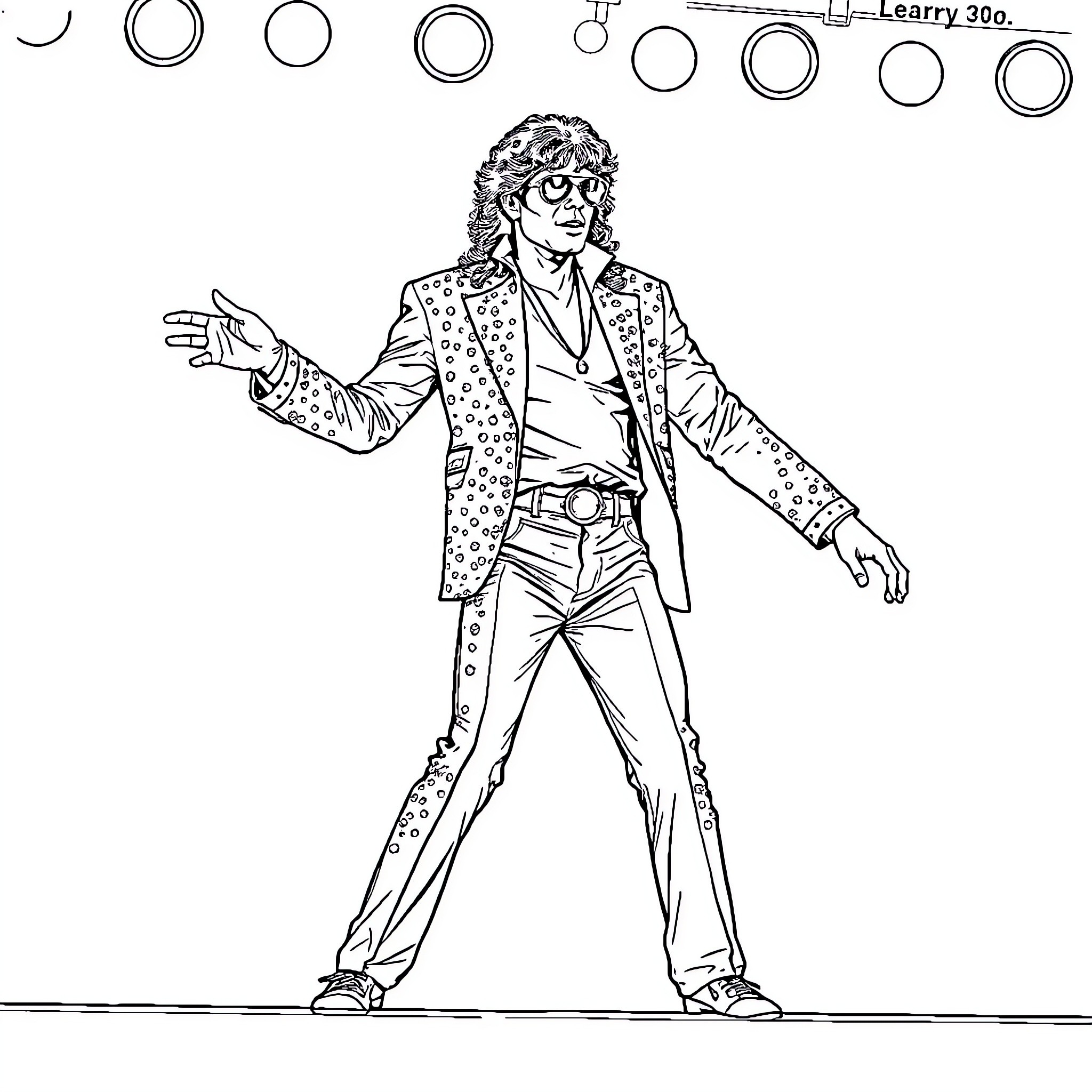 Michael Jackson performing on stage with expressive gestures Coloring Page (free black-and-white line drawing printable PDF for all, from beginners to advanced learners, including children, teens, adults, and seniors)