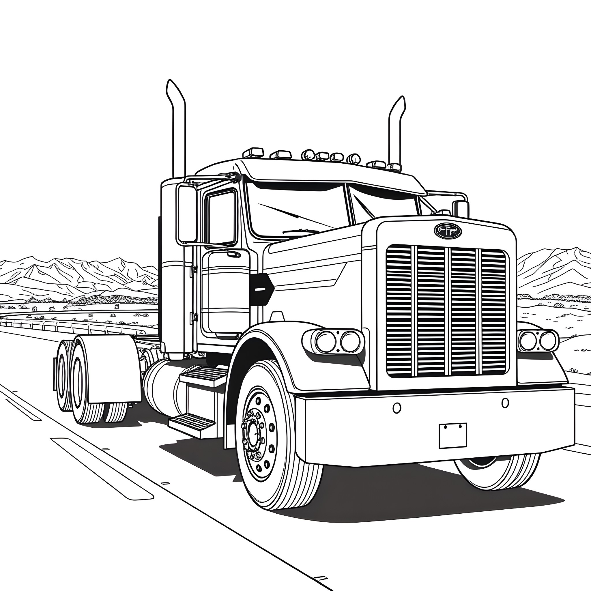 Truck Transporting Goods Through Mountainous Landscape Coloring Page (free black-and-white line drawing printable PDF for all, from beginners to advanced learners, including children, teens, adults, and seniors)