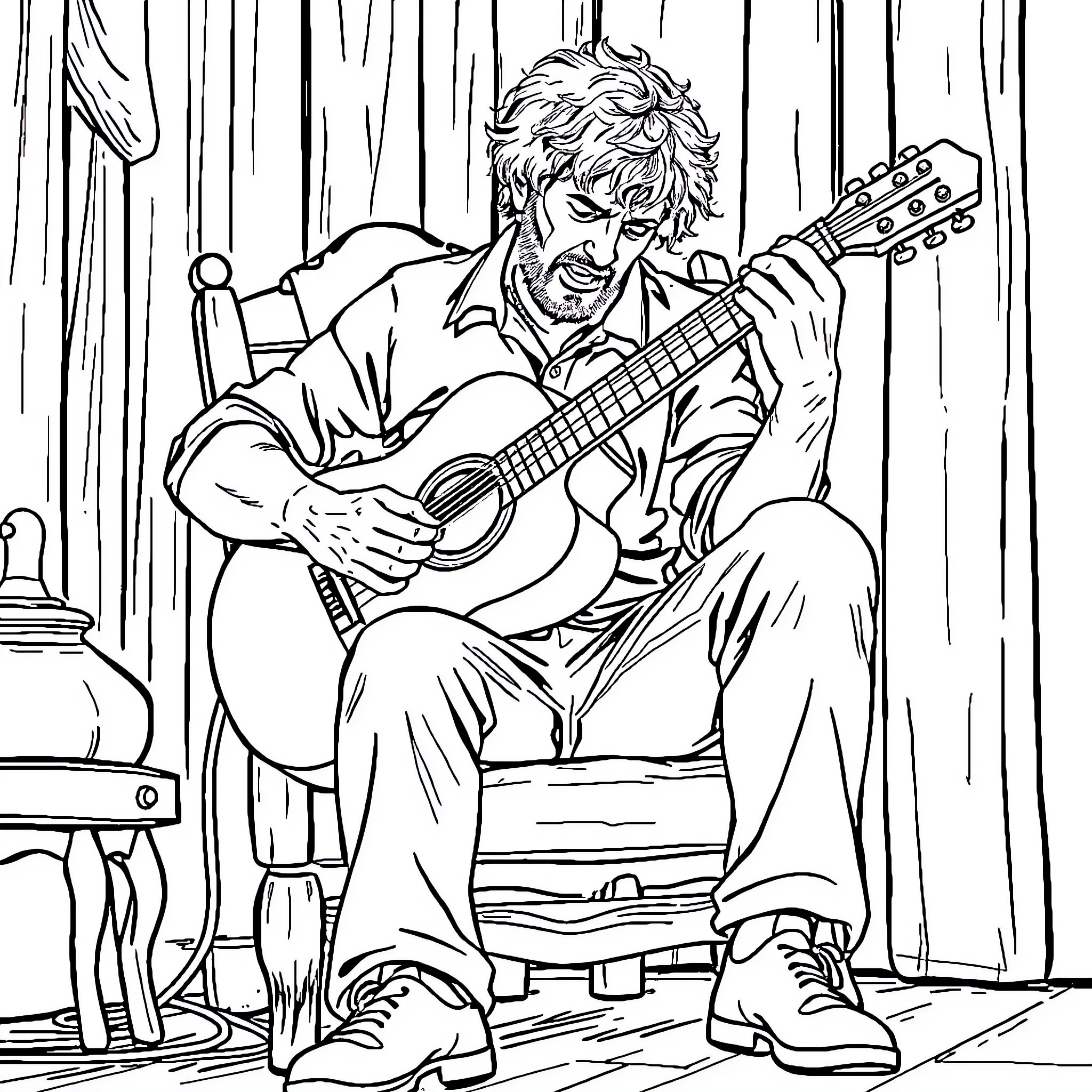 Marcus Performing on Stage with Guitar Coloring Page (free black-and-white line drawing printable PDF for all, from beginners to advanced learners, including children, teens, adults, and seniors)