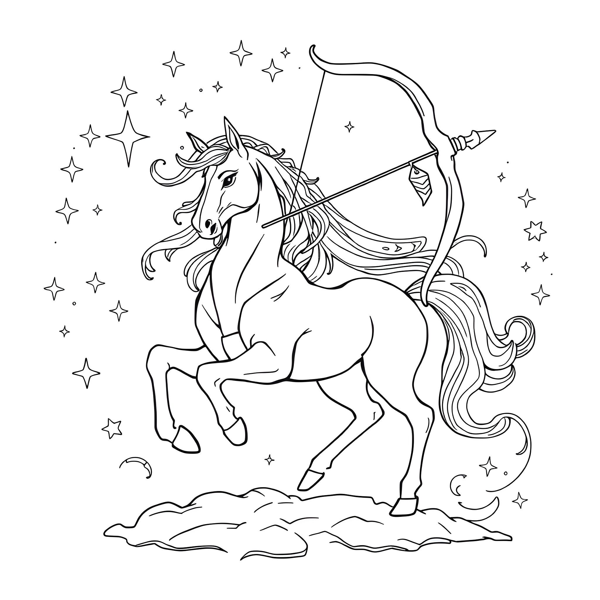 Sagittarius Unicorn Archer with Starry Sky Coloring Page (free black-and-white line drawing printable PDF for all, from beginners to advanced learners, including children, teens, adults, and seniors)