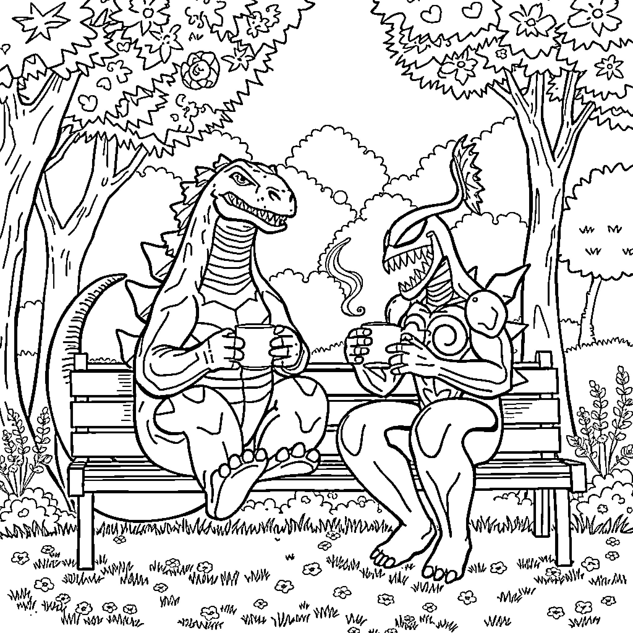 Godzilla monsters relaxing on a park bench Coloring Page (free black-and-white line drawing printable PDF for all, from beginners to advanced learners, including children, teens, adults, and seniors)
