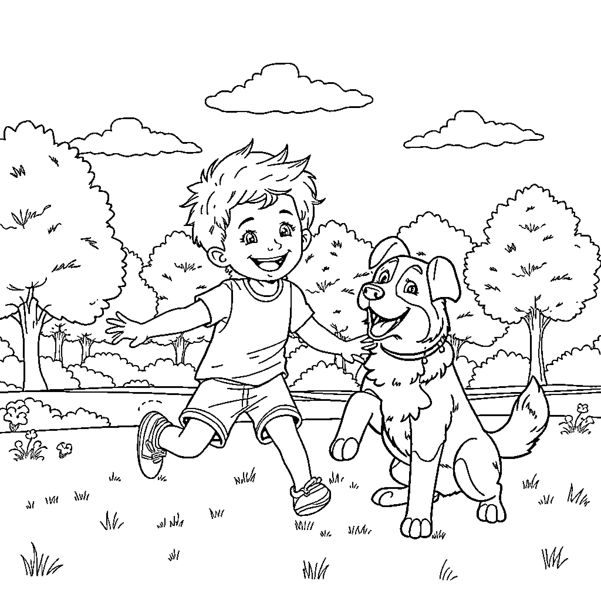 Boy playing happily with his pet dog in the park Coloring Page (free black-and-white line drawing printable PDF for all, from beginners to advanced learners, including children, teens, adults, and seniors)