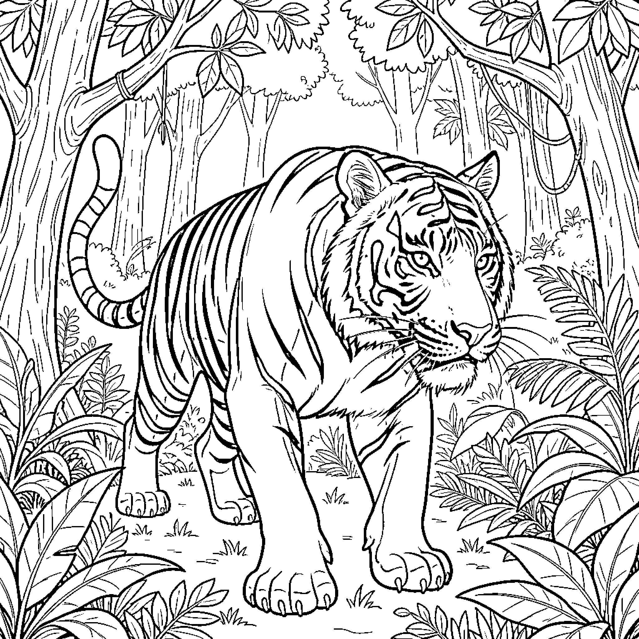 Tiger stalking through the lush jungle foliage Coloring Page (free black-and-white line drawing printable PDF for all, from beginners to advanced learners, including children, teens, adults, and seniors)