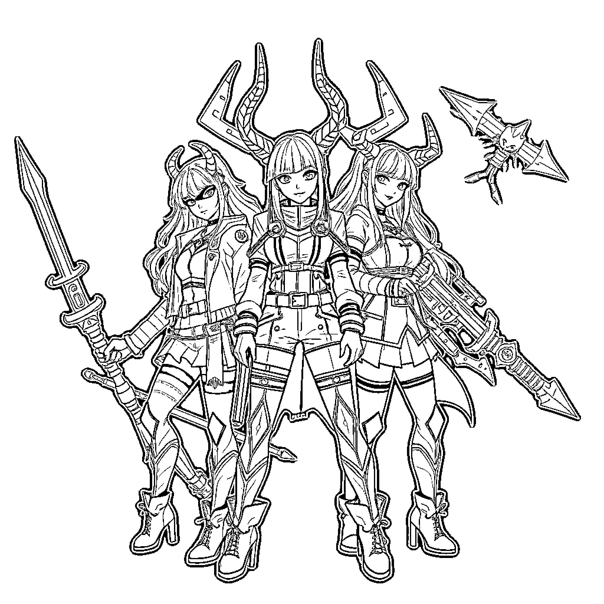 Demon Hunter Trio Wielding Powerful Weapons Coloring Page (free black-and-white line drawing printable PDF for all, from beginners to advanced learners, including children, teens, adults, and seniors)