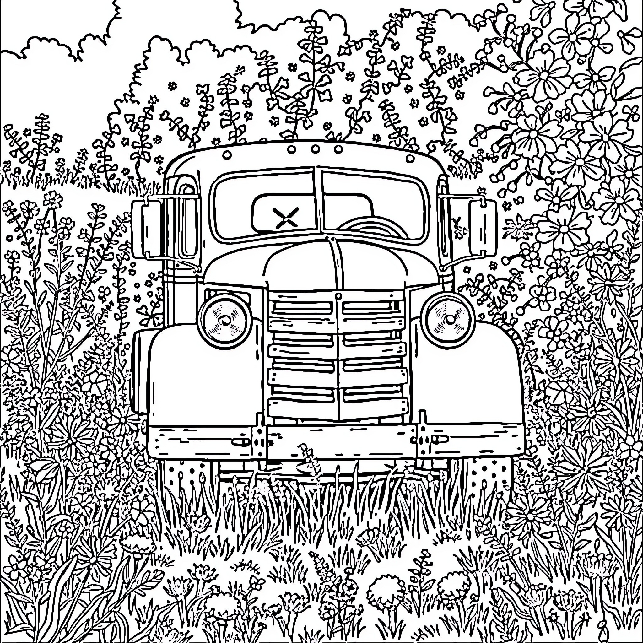 Truck in a Flowering Field Coloring Page (free black-and-white line drawing printable PDF for all, from beginners to advanced learners, including children, teens, adults, and seniors)