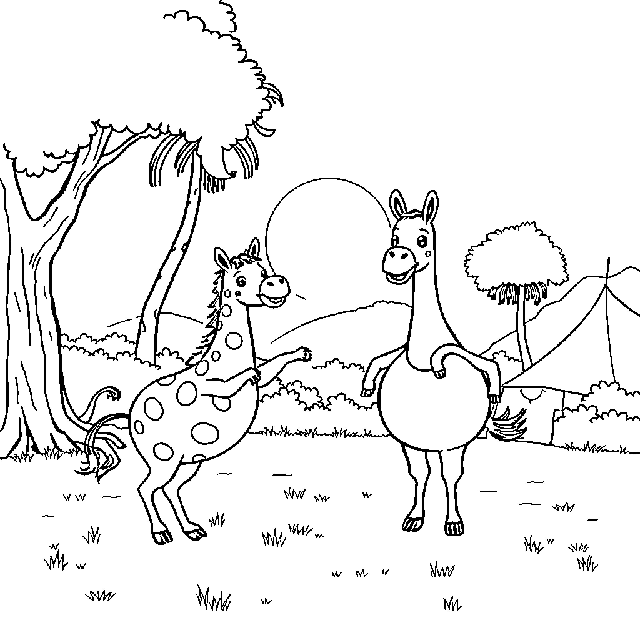 Capybara and Donkeys in a Whimsical Forest Coloring Page (free black-and-white line drawing printable PDF for all, from beginners to advanced learners, including children, teens, adults, and seniors)