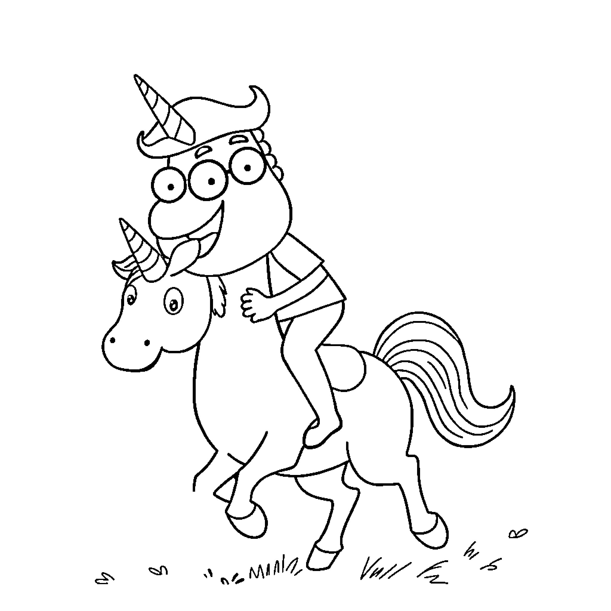 Bob riding a happy unicorn Coloring Page (free black-and-white line drawing printable PDF for all, from beginners to advanced learners, including children, teens, adults, and seniors)