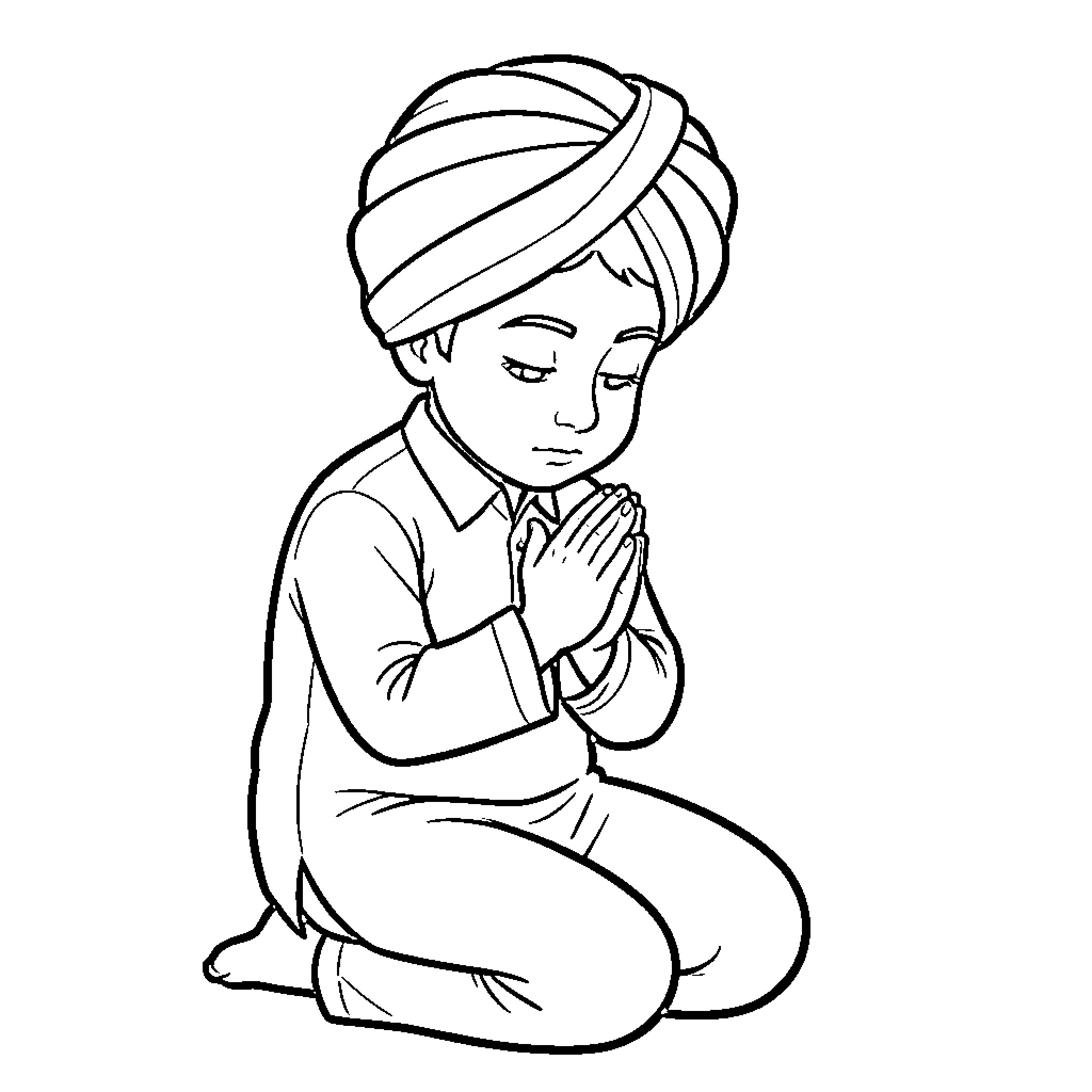 Sikh Boy kneeling with hands in prayer Coloring Page (free black-and-white line drawing printable PDF for all, from beginners to advanced learners, including children, teens, adults, and seniors)