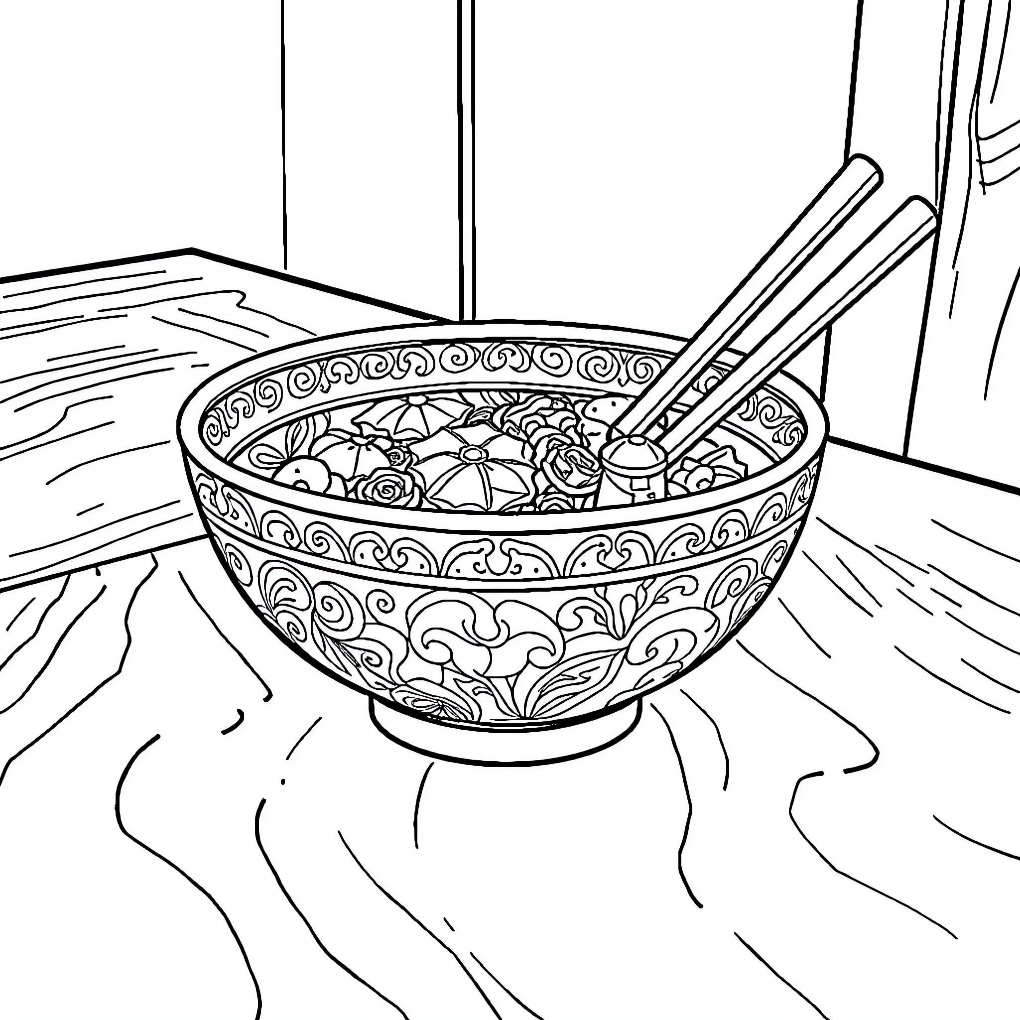 Bowl of Ornate Patterned Noodles Coloring Page (free black-and-white line drawing printable PDF for all, from beginners to advanced learners, including children, teens, adults, and seniors)