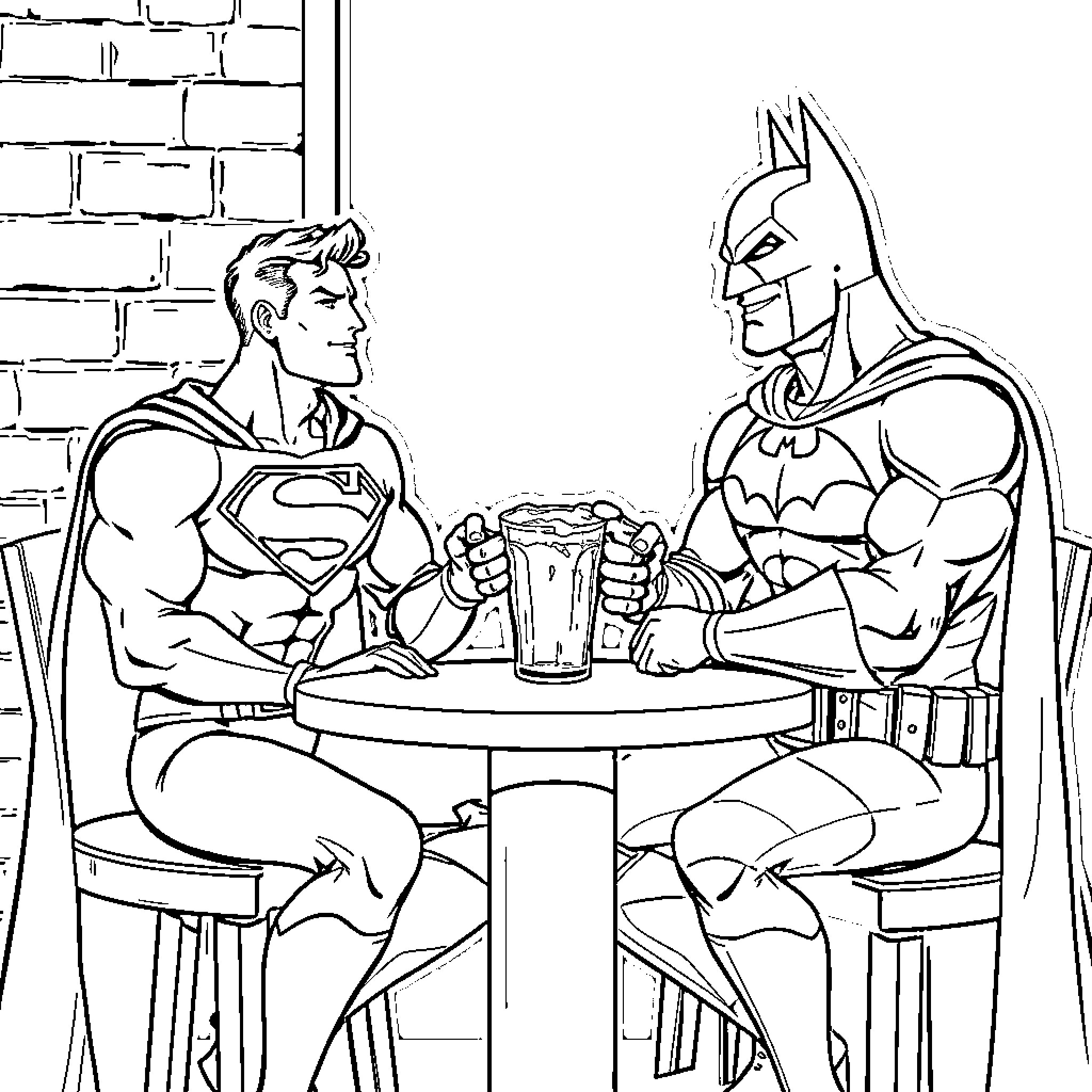 Superheroes Sharing a Drink and Conversation Coloring Page (free black-and-white line drawing printable PDF for all, from beginners to advanced learners, including children, teens, adults, and seniors)