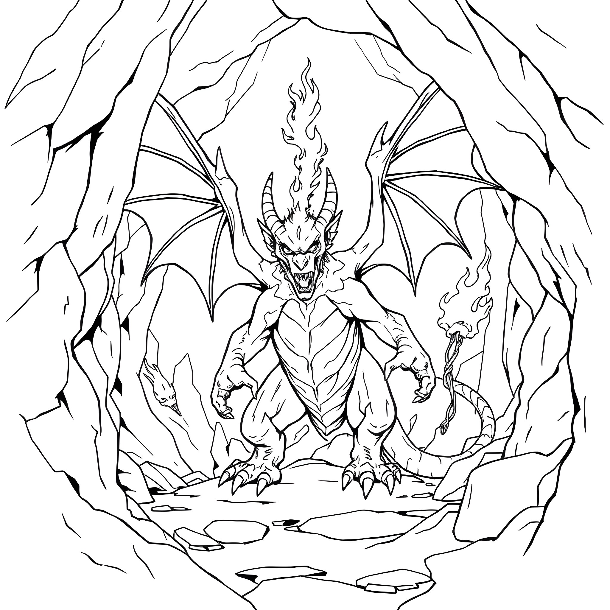 Balrog unleashing its fiery power in a dark cave Coloring Page (free black-and-white line drawing printable PDF for all, from beginners to advanced learners, including children, teens, adults, and seniors)