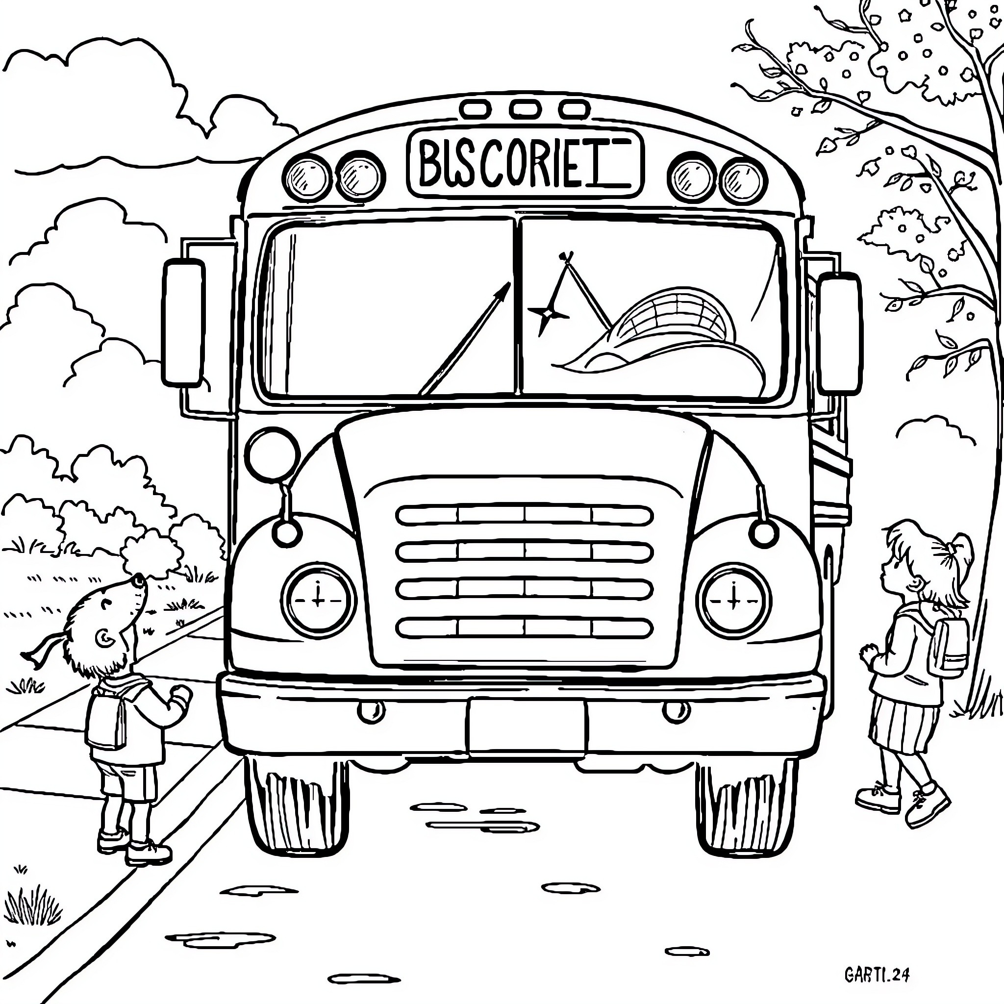 Bus on the road with children playing nearby Coloring Page (free black-and-white line drawing printable PDF for all, from beginners to advanced learners, including children, teens, adults, and seniors)