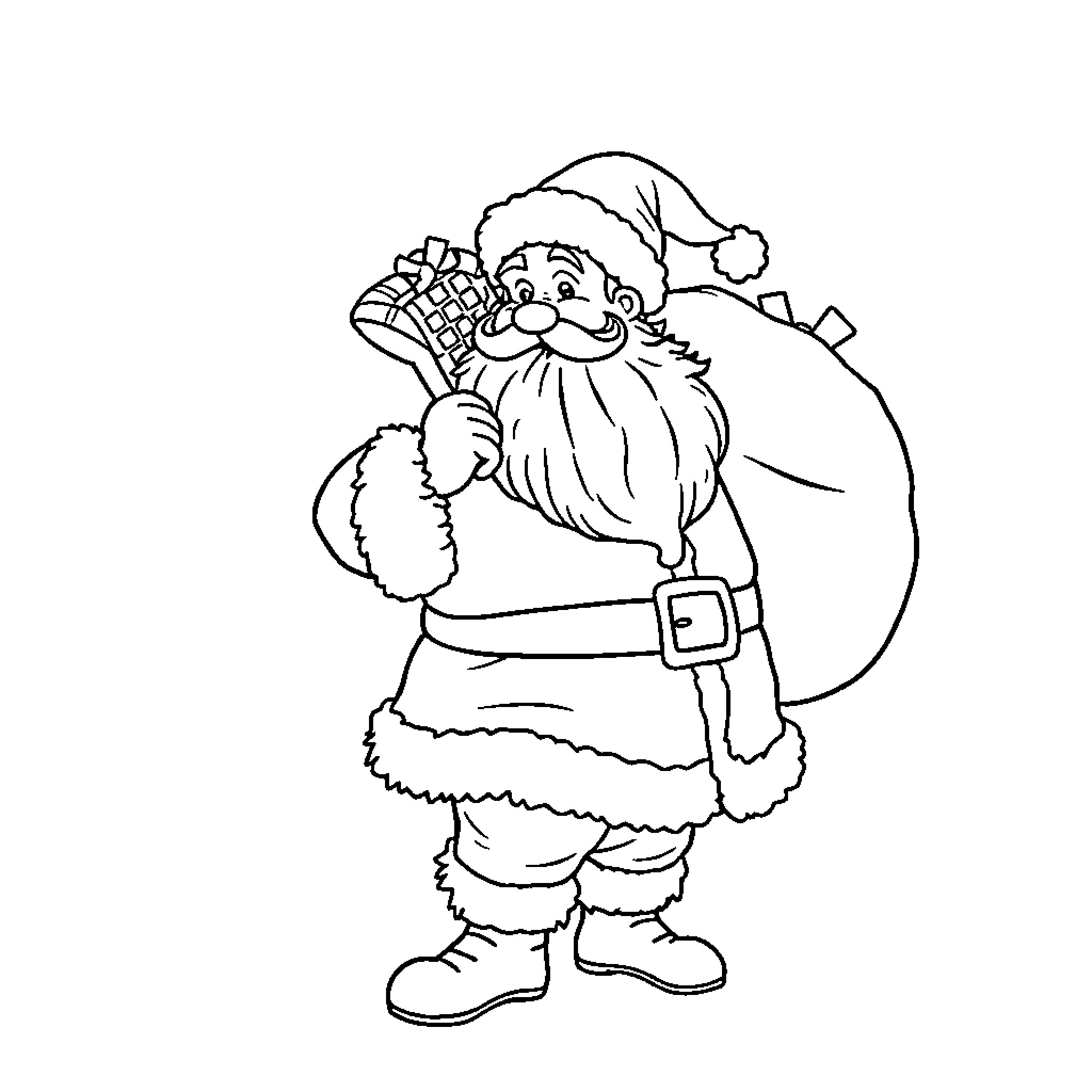 Santa carrying a sack of gifts with a smile Coloring Page (free black-and-white line drawing printable PDF for all, from beginners to advanced learners, including children, teens, adults, and seniors)