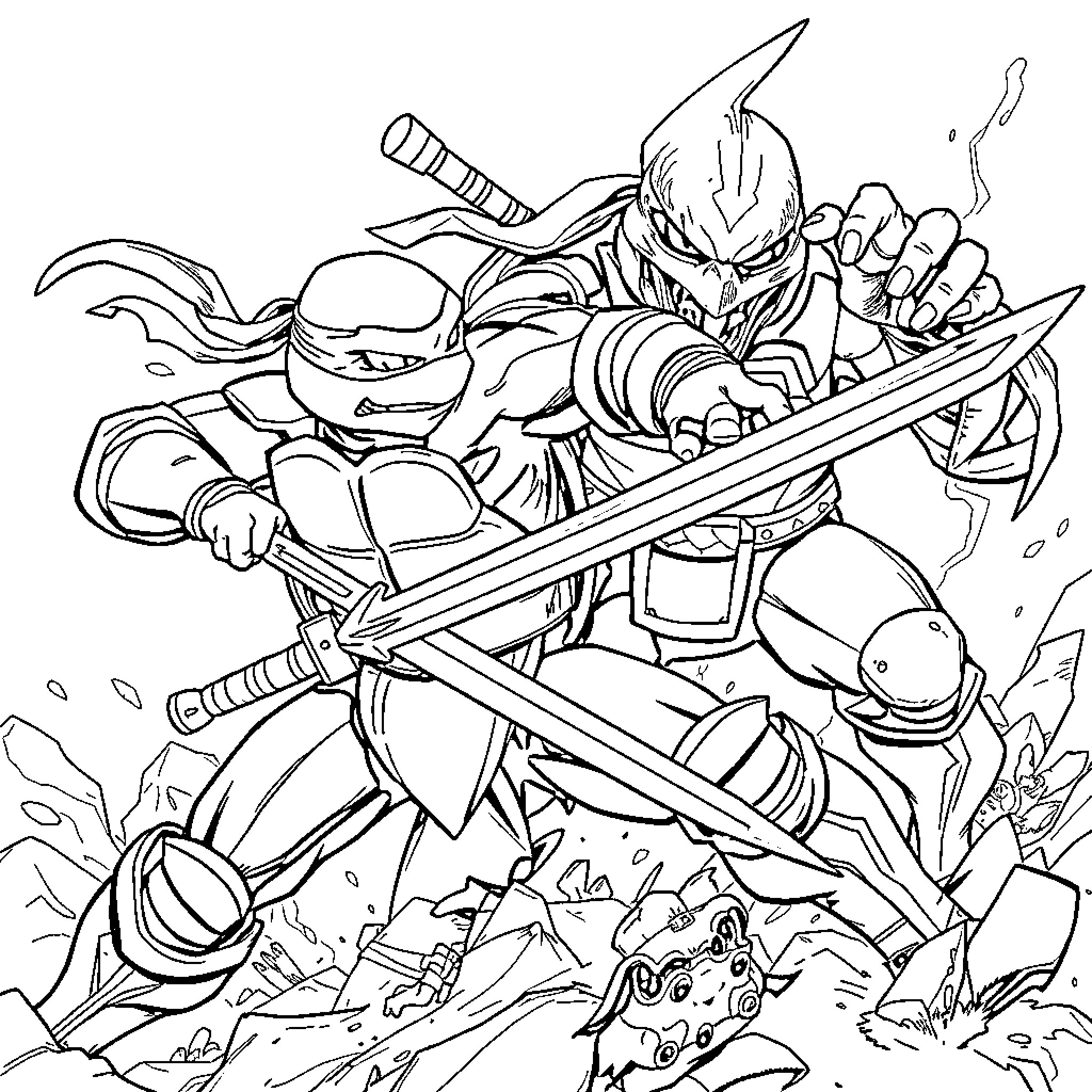Leonardo's Fierce Ninja Warrior Combat Coloring Page (free black-and-white line drawing printable PDF for all, from beginners to advanced learners, including children, teens, adults, and seniors)