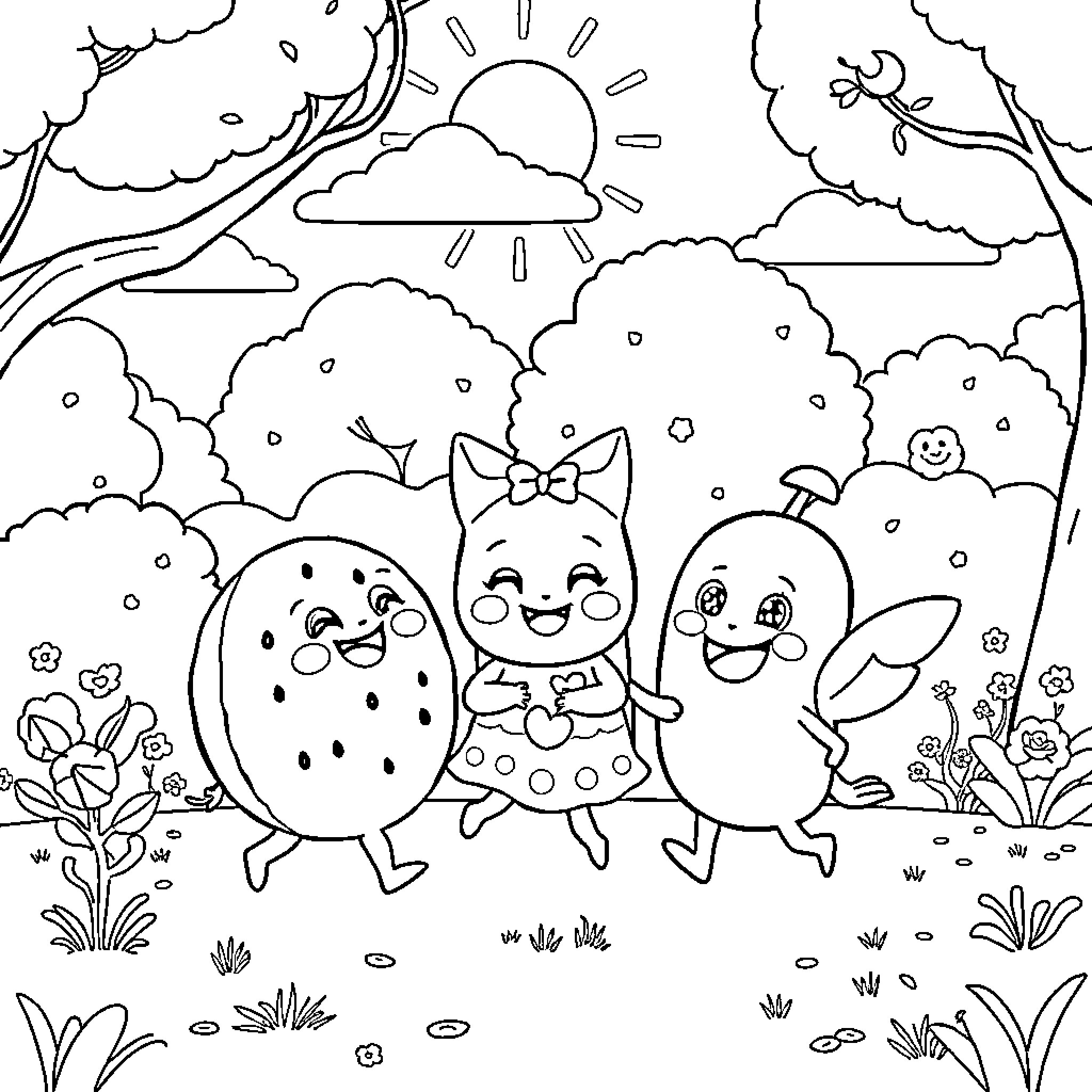 Character playing happily in a scenic outdoor setting Coloring Page (free black-and-white line drawing printable PDF for all, from beginners to advanced learners, including children, teens, adults, and seniors)