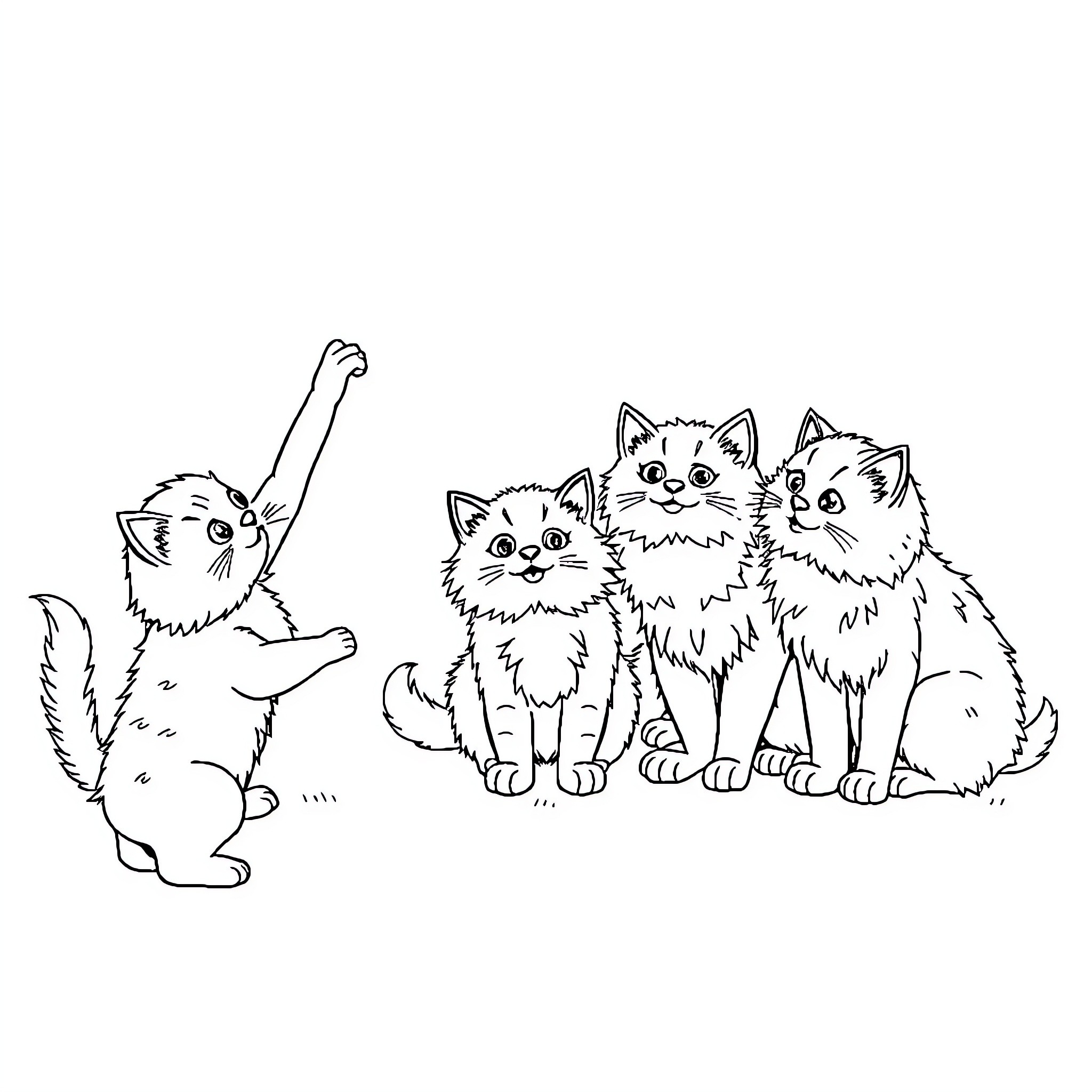 Cat and kittens playing together in the wild Coloring Page (free black-and-white line drawing printable PDF for all, from beginners to advanced learners, including children, teens, adults, and seniors)