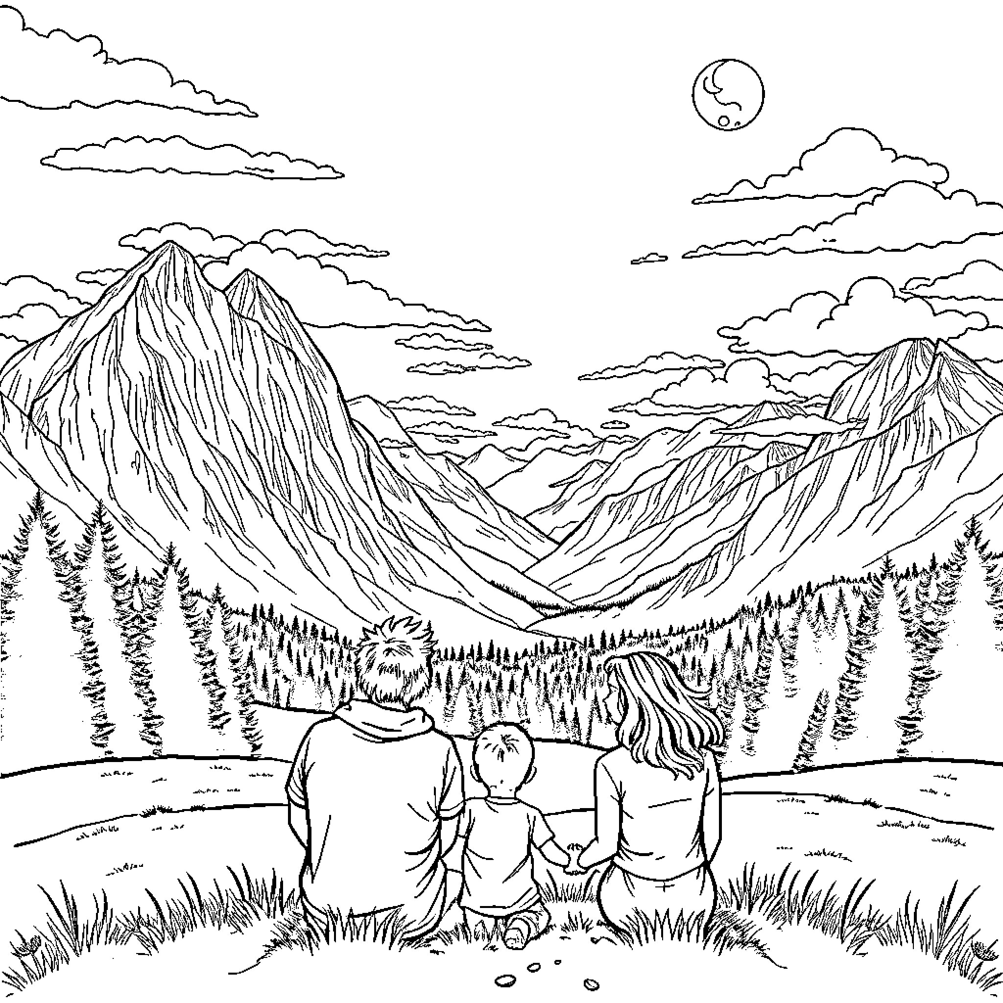 Family enjoying scenic mountain landscape Coloring Page (free black-and-white line drawing printable PDF for all, from beginners to advanced learners, including children, teens, adults, and seniors)