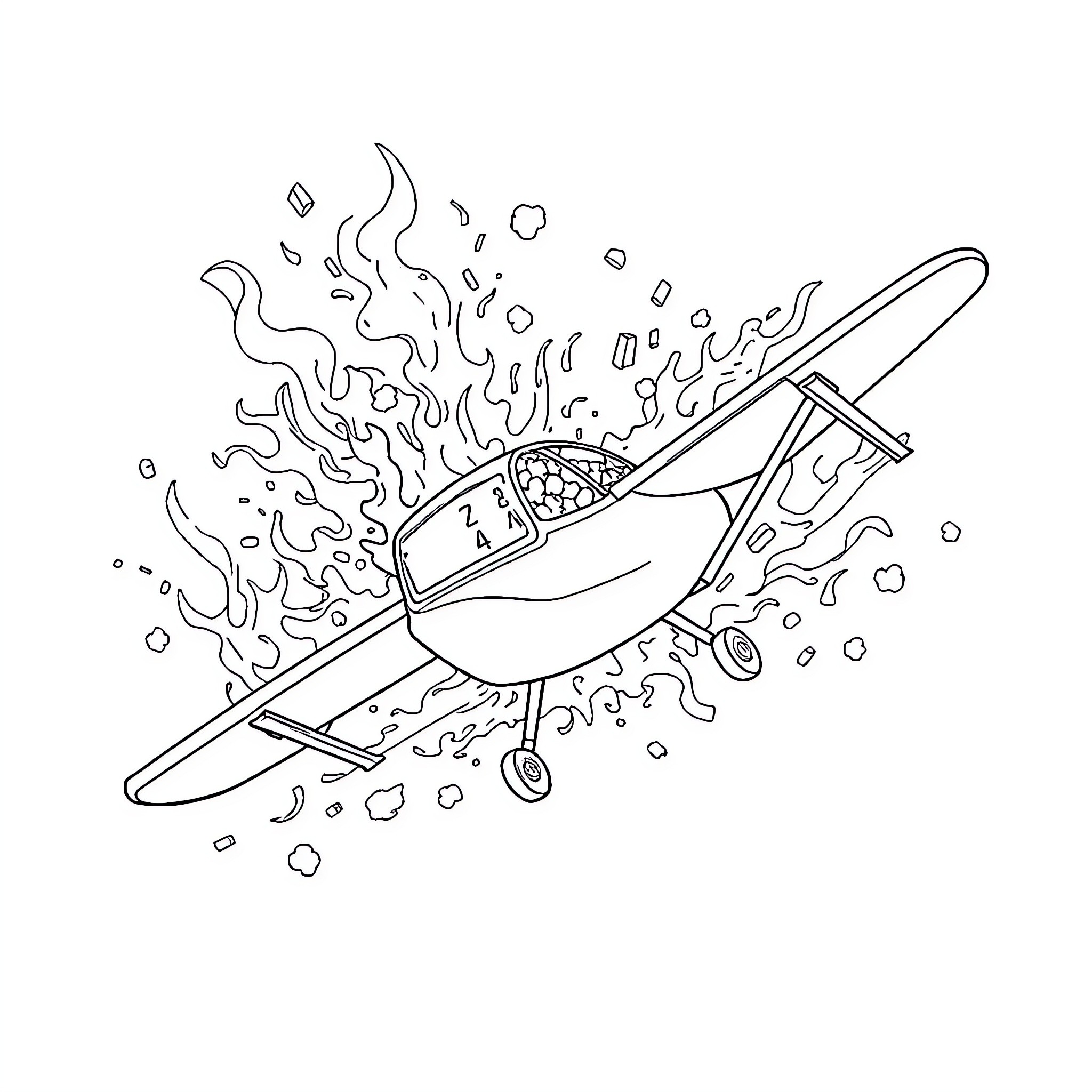 Avión volando a través de tormenta de viento y nieve Coloring Page (free black-and-white line drawing printable PDF for all, from beginners to advanced learners, including children, teens, adults, and seniors)