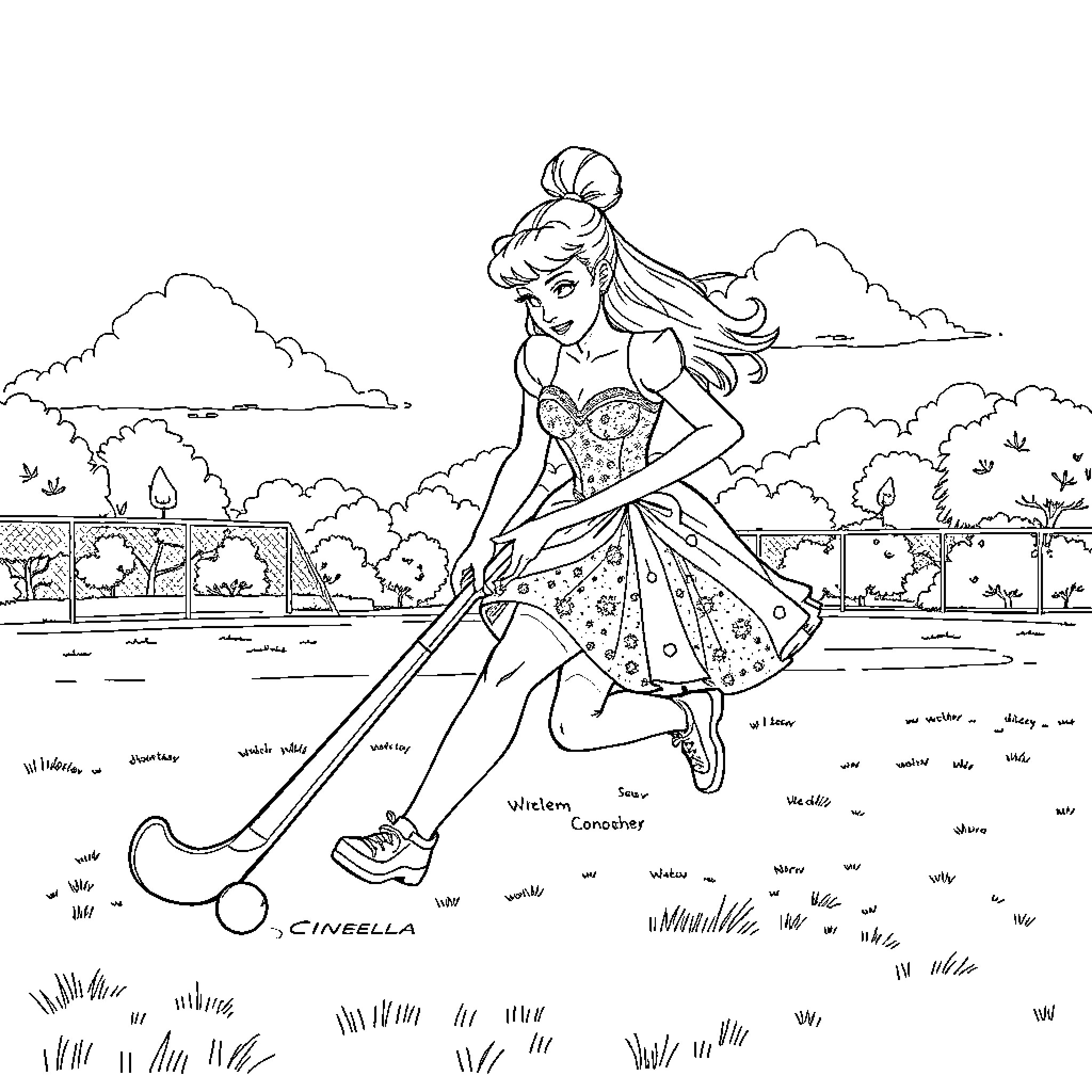 Cinderella's Joyful Outdoor Adventure Coloring Page (free black-and-white line drawing printable PDF for all, from beginners to advanced learners, including children, teens, adults, and seniors)