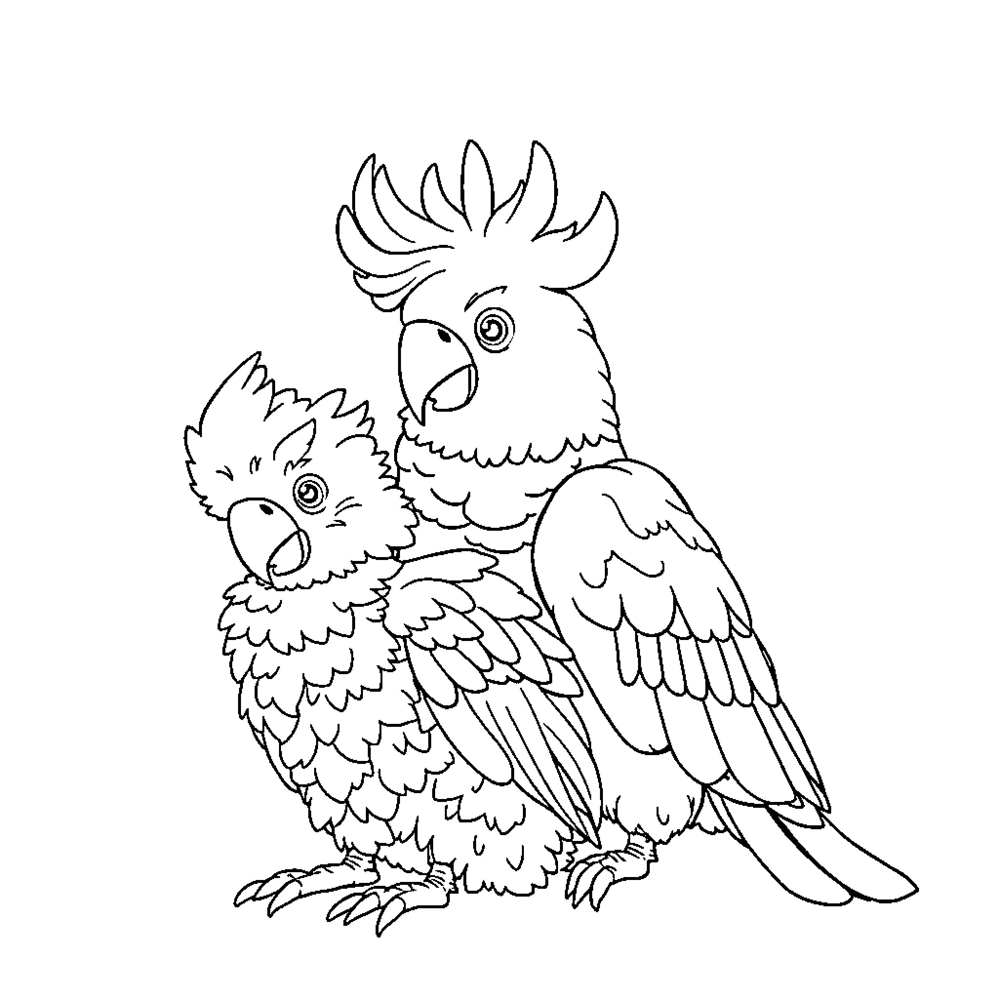 Cockatoos engaging in playful interaction Coloring Page (free black-and-white line drawing printable PDF for all, from beginners to advanced learners, including children, teens, adults, and seniors)