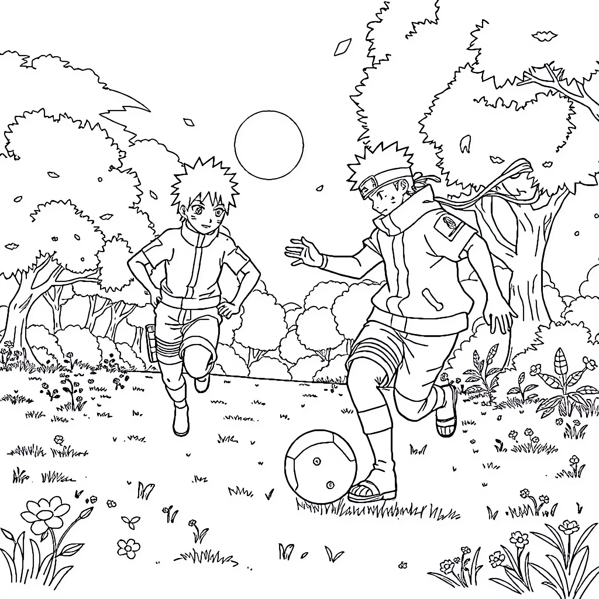 Songoku on an outdoor adventure with friends Coloring Page (free black-and-white line drawing printable PDF for all, from beginners to advanced learners, including children, teens, adults, and seniors)