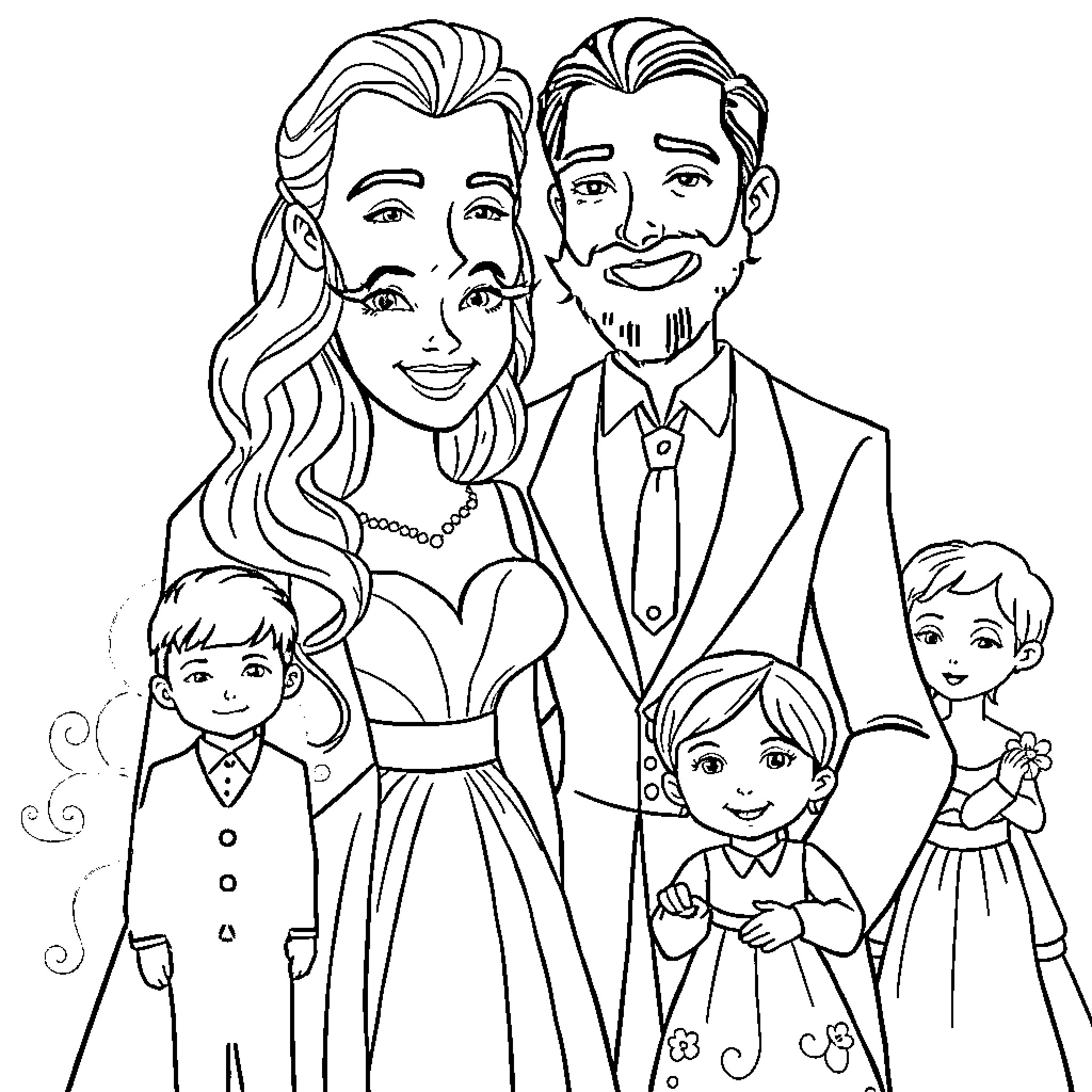 Mariés en famille posant pour une photo de groupe Coloring Page (free black-and-white line drawing printable PDF for all, from beginners to advanced learners, including children, teens, adults, and seniors)