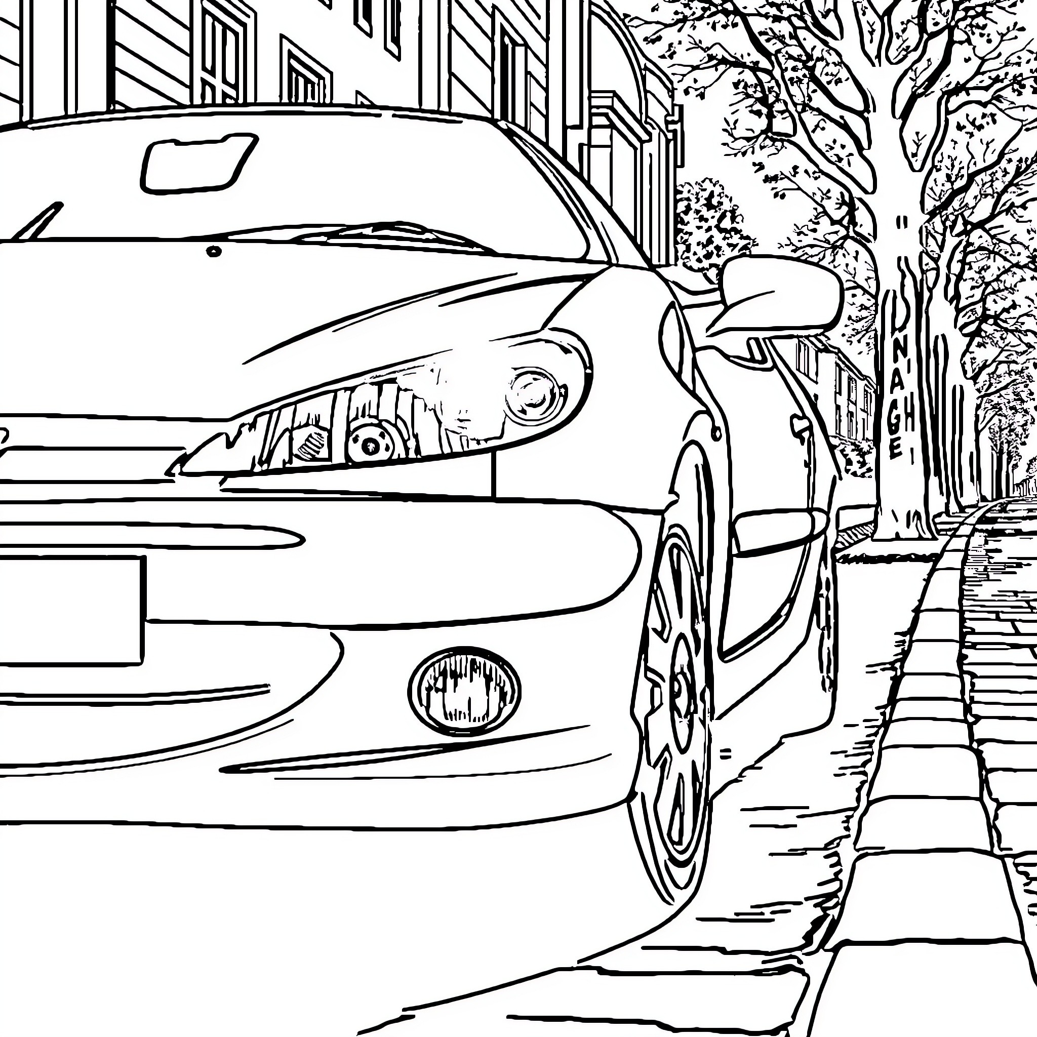 Peugeot car parked on city street Coloring Page (free black-and-white line drawing printable PDF for all, from beginners to advanced learners, including children, teens, adults, and seniors)