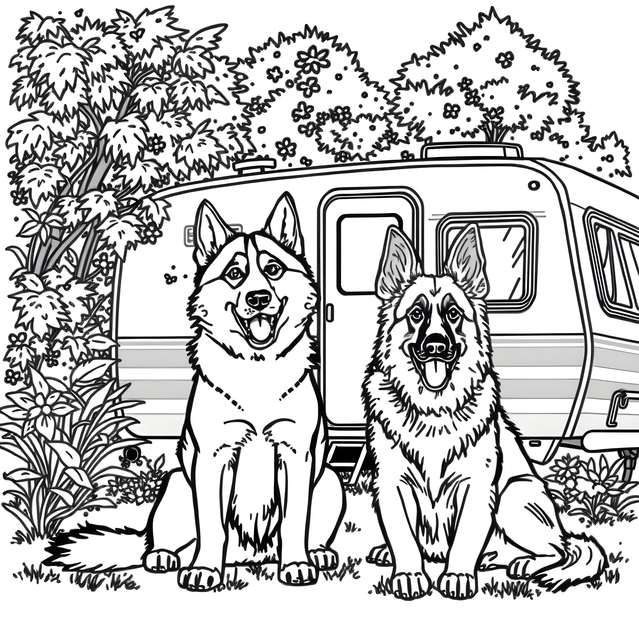 Dog companions enjoying nature near RV Coloring Page (free black-and-white line drawing printable PDF for all, from beginners to advanced learners, including children, teens, adults, and seniors)