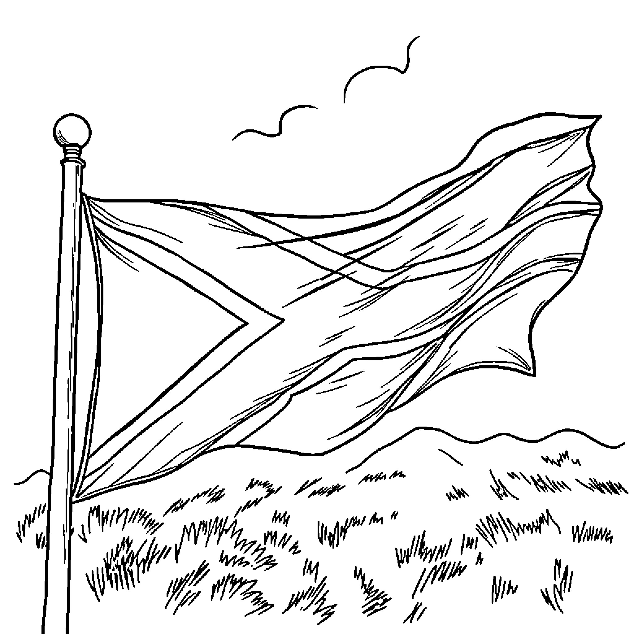 Flag waving dramatically in the wind Coloring Page (free black-and-white line drawing printable PDF for all, from beginners to advanced learners, including children, teens, adults, and seniors)