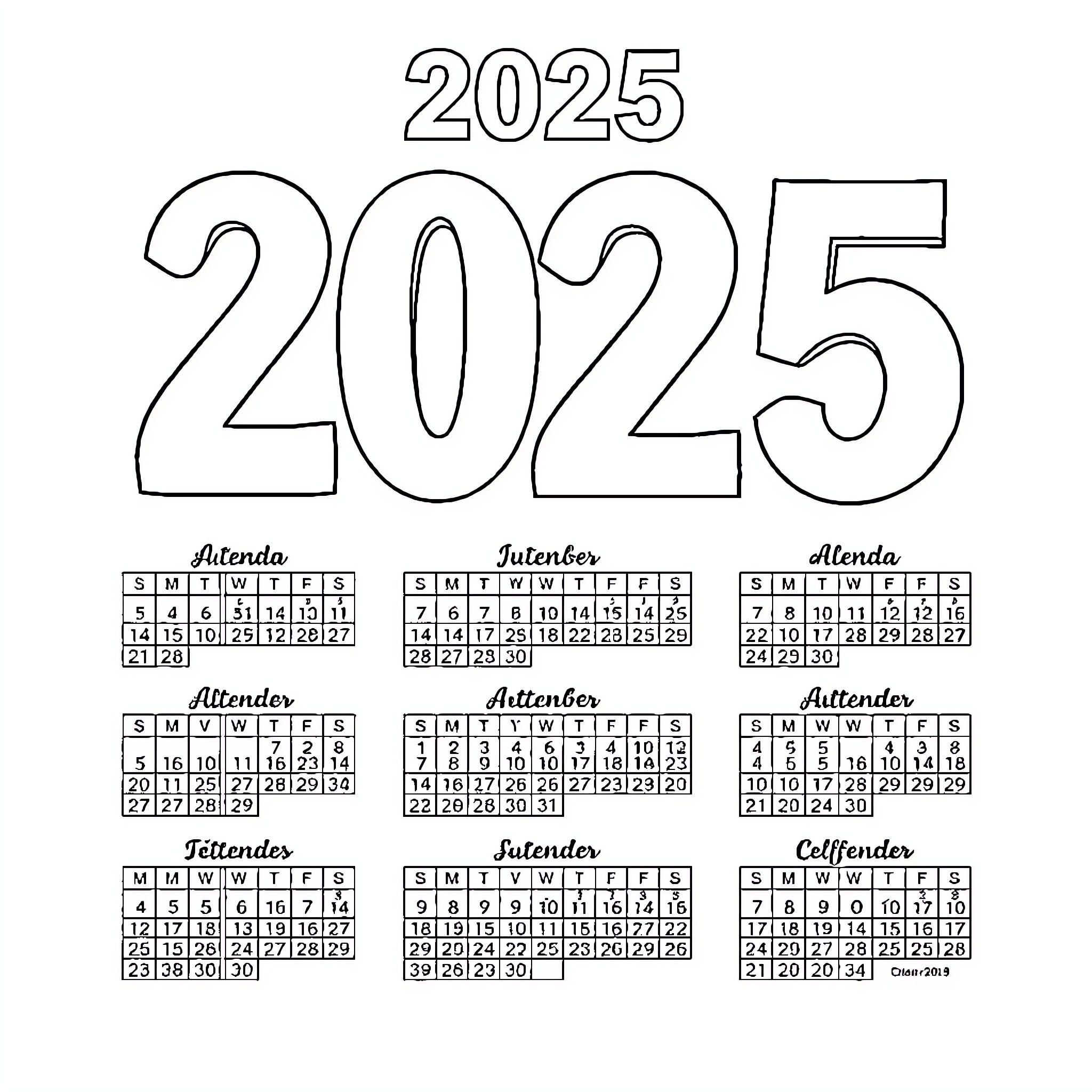 Calendar for the year 2025 Coloring Page (free black-and-white line drawing printable PDF for all, from beginners to advanced learners, including children, teens, adults, and seniors)