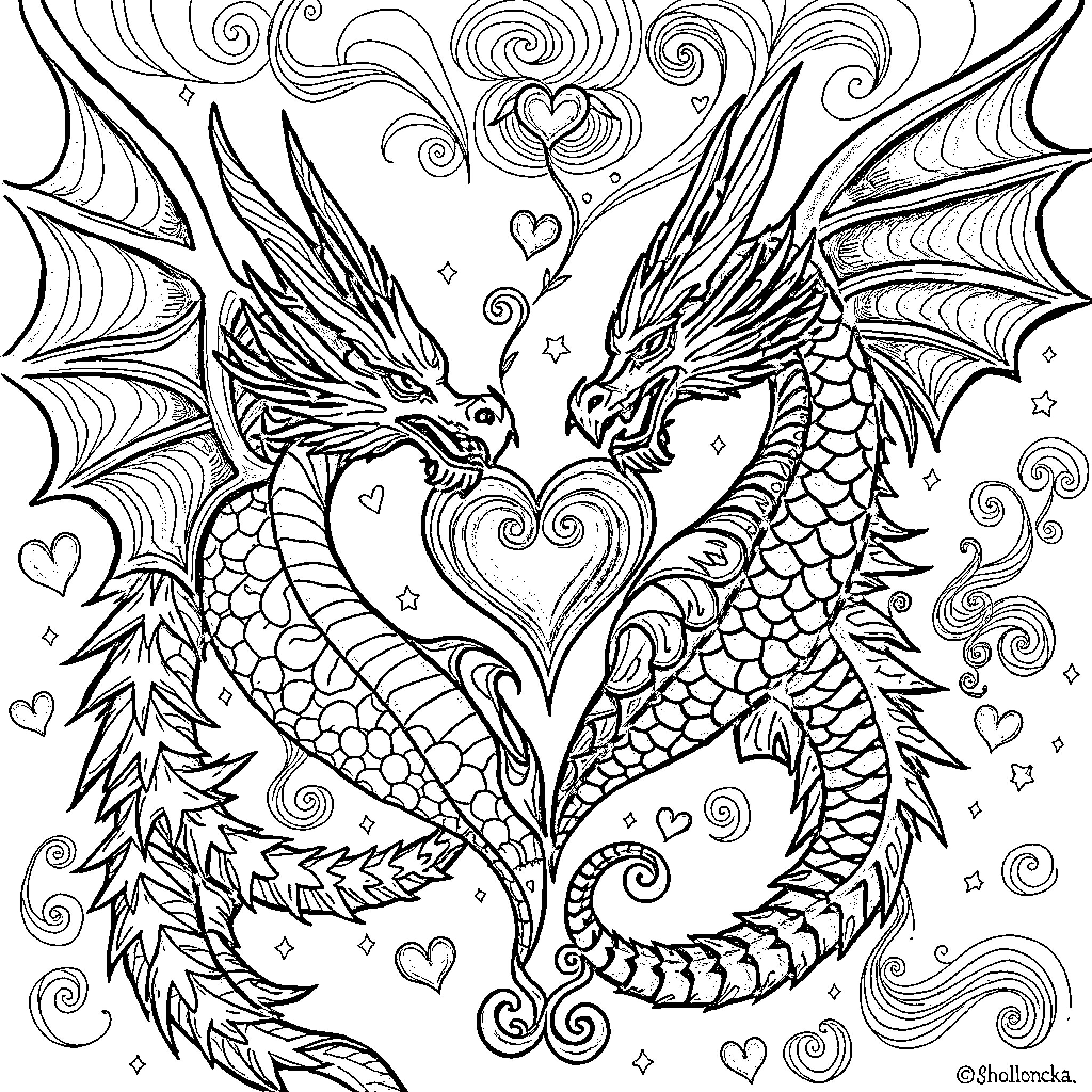 Heart of Dragons: An Intricate Fantasy Illustration Coloring Page (free black-and-white line drawing printable PDF for all, from beginners to advanced learners, including children, teens, adults, and seniors)
