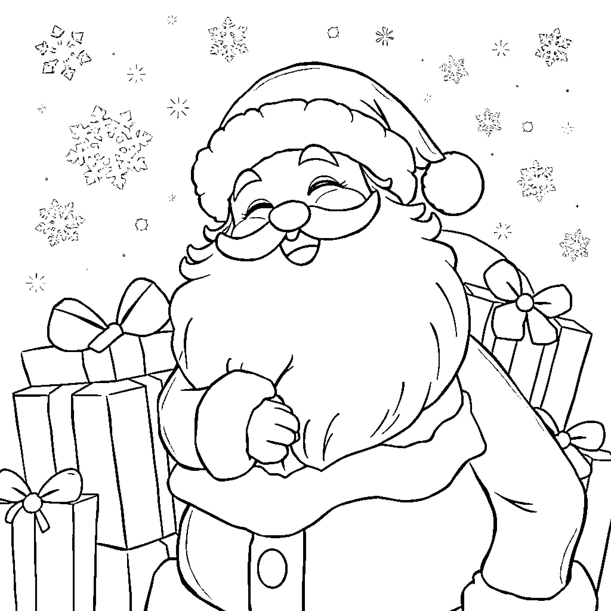 Santa Smiling with Christmas Gifts and Snowflakes Coloring Page (free black-and-white line drawing printable PDF for all, from beginners to advanced learners, including children, teens, adults, and seniors)