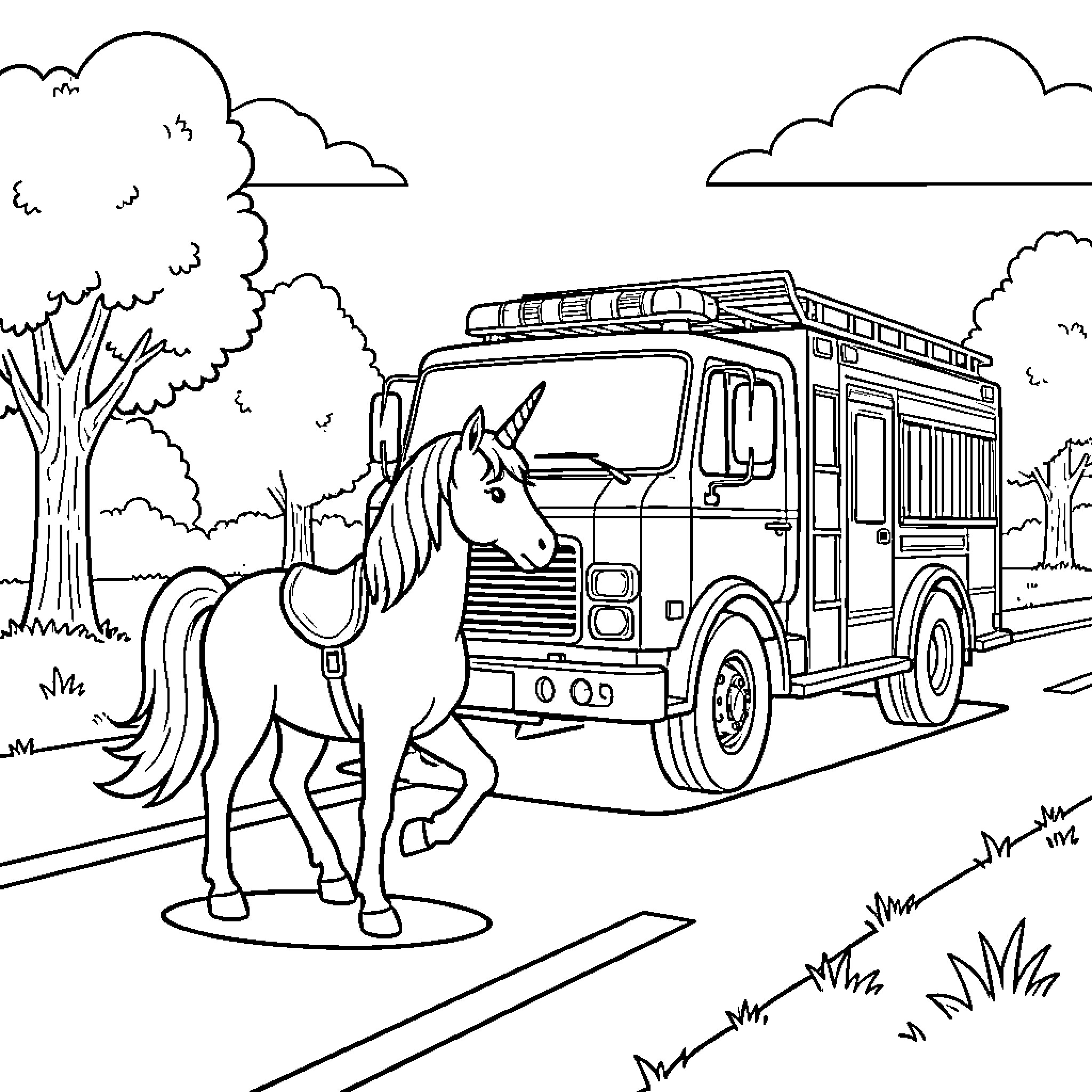 Licorne standing proudly next to a large fire truck Coloring Page (free black-and-white line drawing printable PDF for all, from beginners to advanced learners, including children, teens, adults, and seniors)