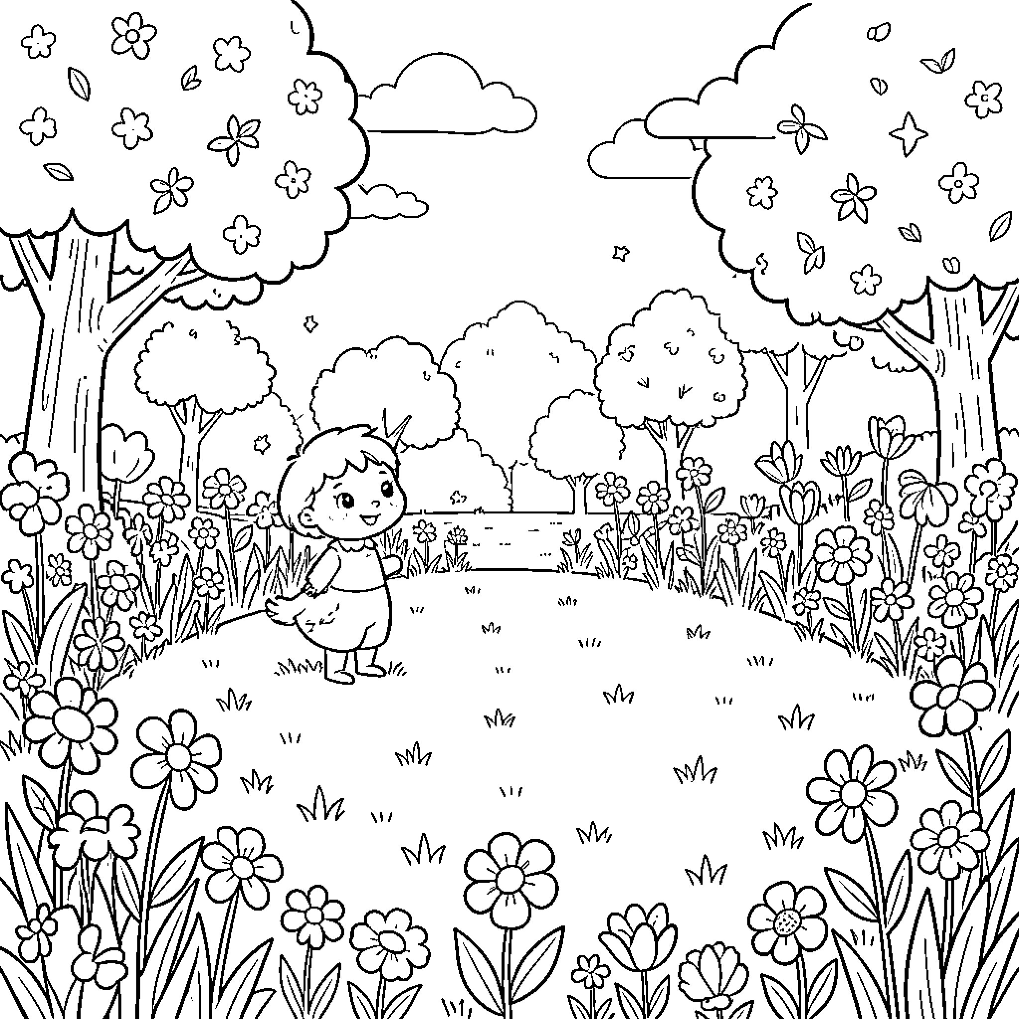 Child enjoying nature in a flower-filled garden Coloring Page (free black-and-white line drawing printable PDF for all, from beginners to advanced learners, including children, teens, adults, and seniors)