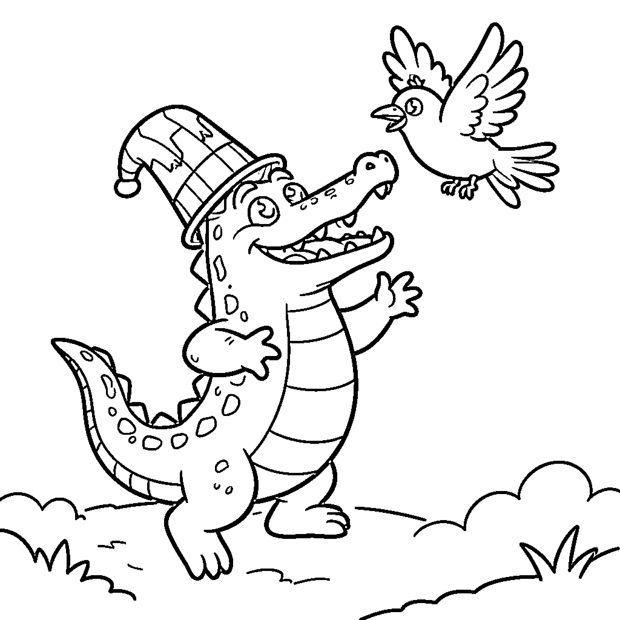 Crocodile with colorful hat interacting with bird Coloring Page (free black-and-white line drawing printable PDF for all, from beginners to advanced learners, including children, teens, adults, and seniors)