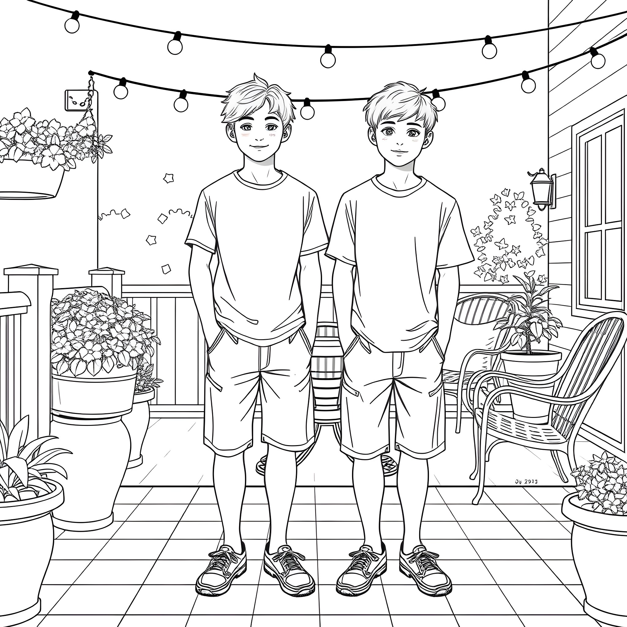 Teen Guys Enjoying Outdoor Patio Coloring Page (free black-and-white line drawing printable PDF for all, from beginners to advanced learners, including children, teens, adults, and seniors)