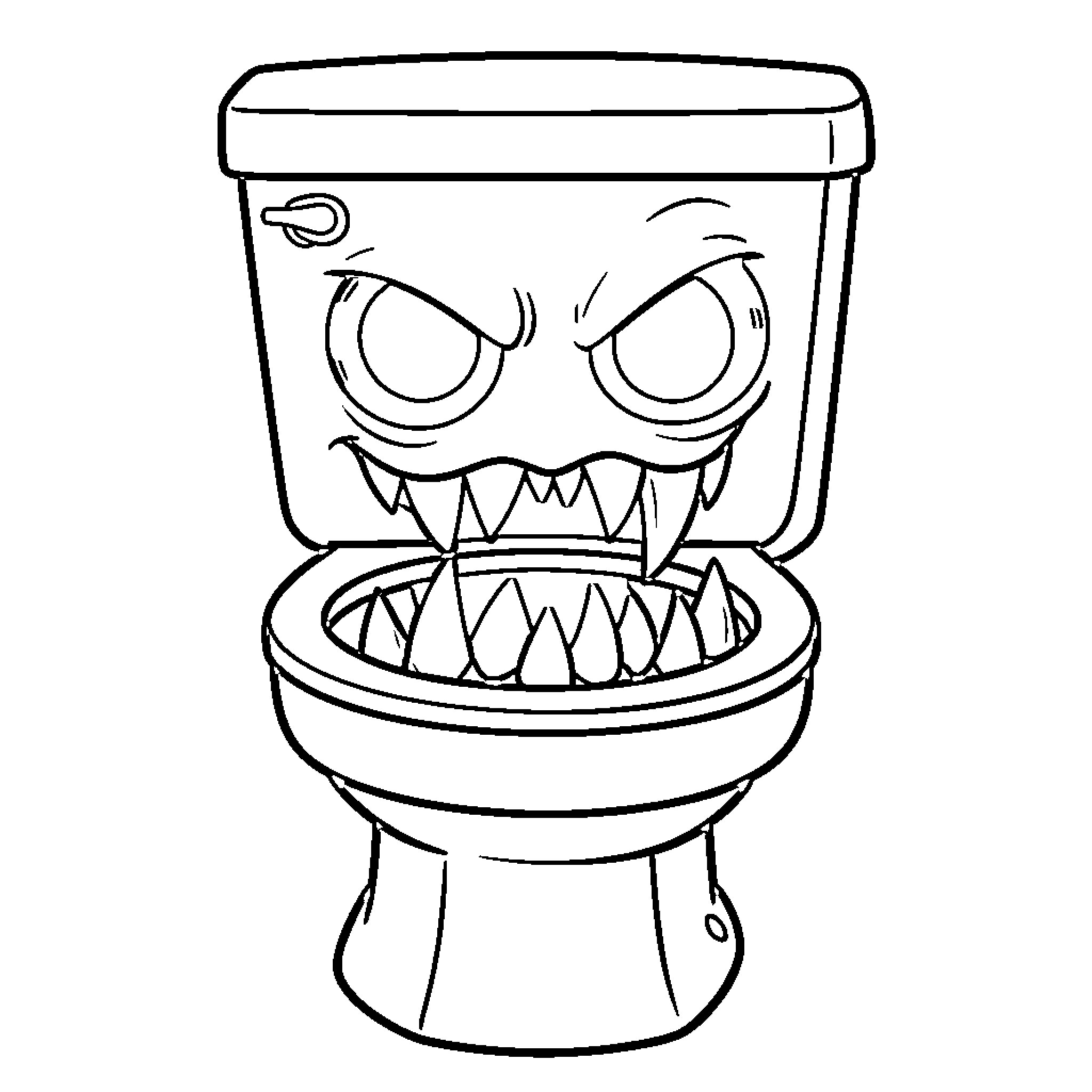 Monster Toilet with angry eyes and sharp teeth Coloring Page (free black-and-white line drawing printable PDF for all, from beginners to advanced learners, including children, teens, adults, and seniors)