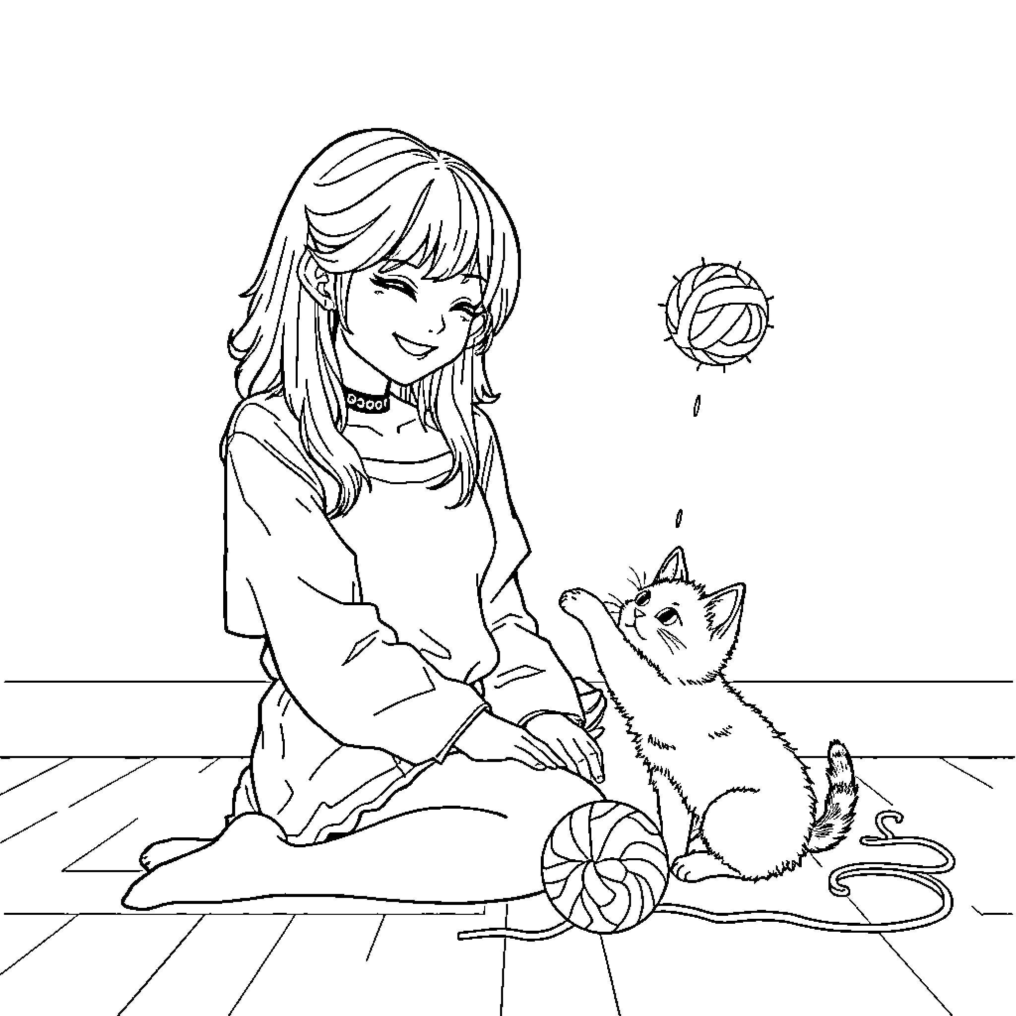 Kpop Huntrix playing with adorable kitten Coloring Page (free black-and-white line drawing printable PDF for all, from beginners to advanced learners, including children, teens, adults, and seniors)