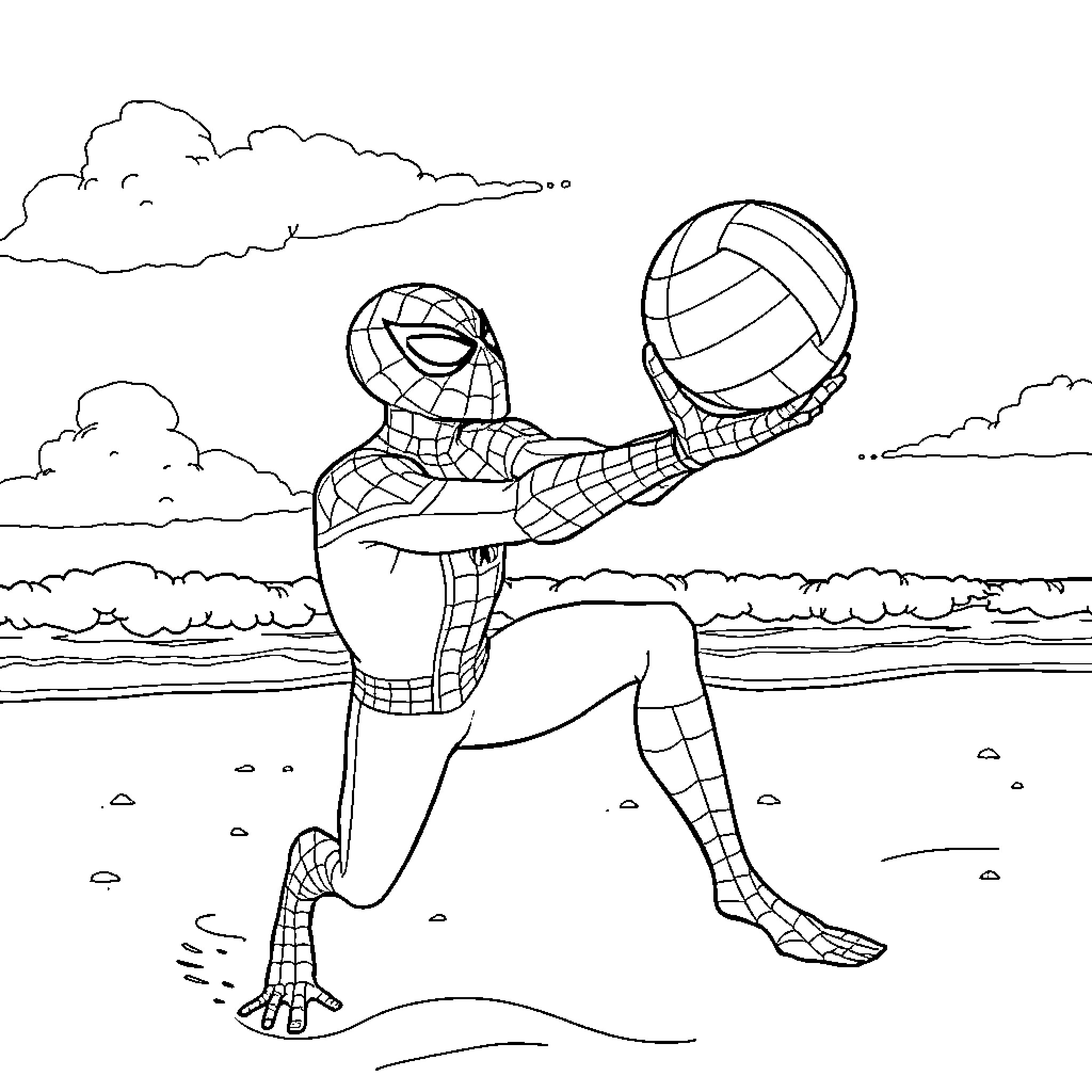 Spiderman playing volleyball on the beach Coloring Page (free black-and-white line drawing printable PDF for all, from beginners to advanced learners, including children, teens, adults, and seniors)