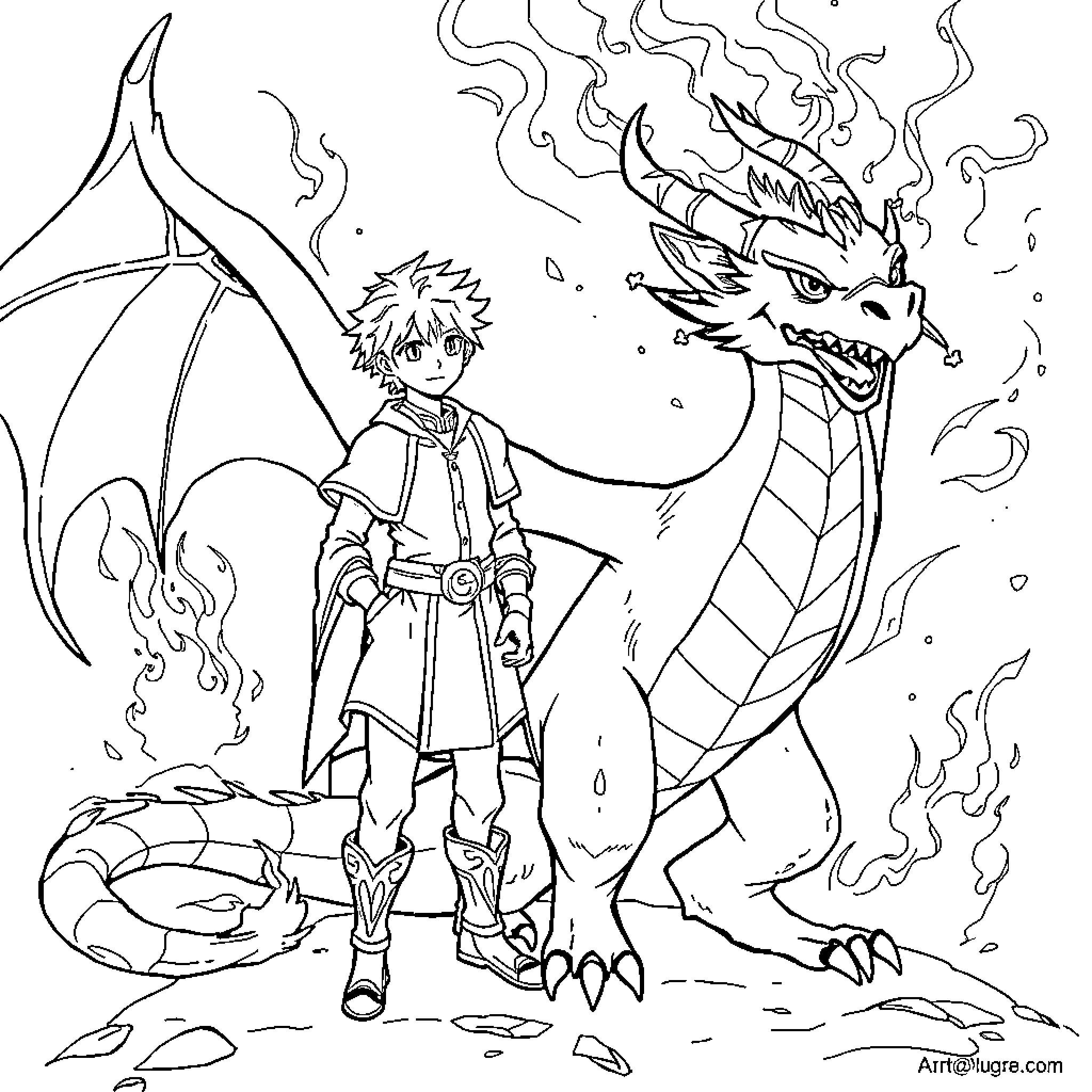 Natsu's Fiery Dragon Adventure Coloring Page (free black-and-white line drawing printable PDF for all, from beginners to advanced learners, including children, teens, adults, and seniors)