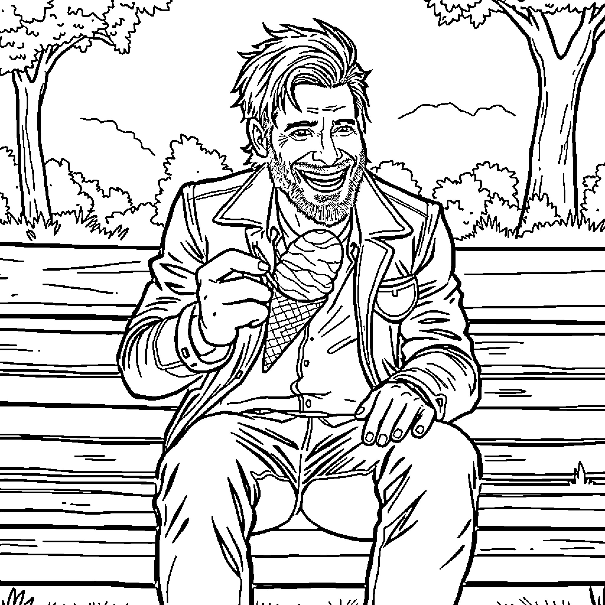 Daryl Dixon sitting on a park bench, smiling and relaxed Coloring Page (free black-and-white line drawing printable PDF for all, from beginners to advanced learners, including children, teens, adults, and seniors)